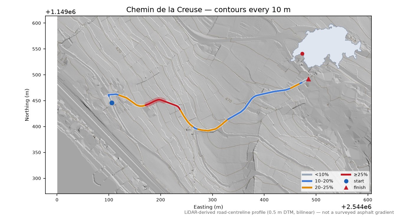 Chemin de la Creuse LiDAR hillshade map with contours