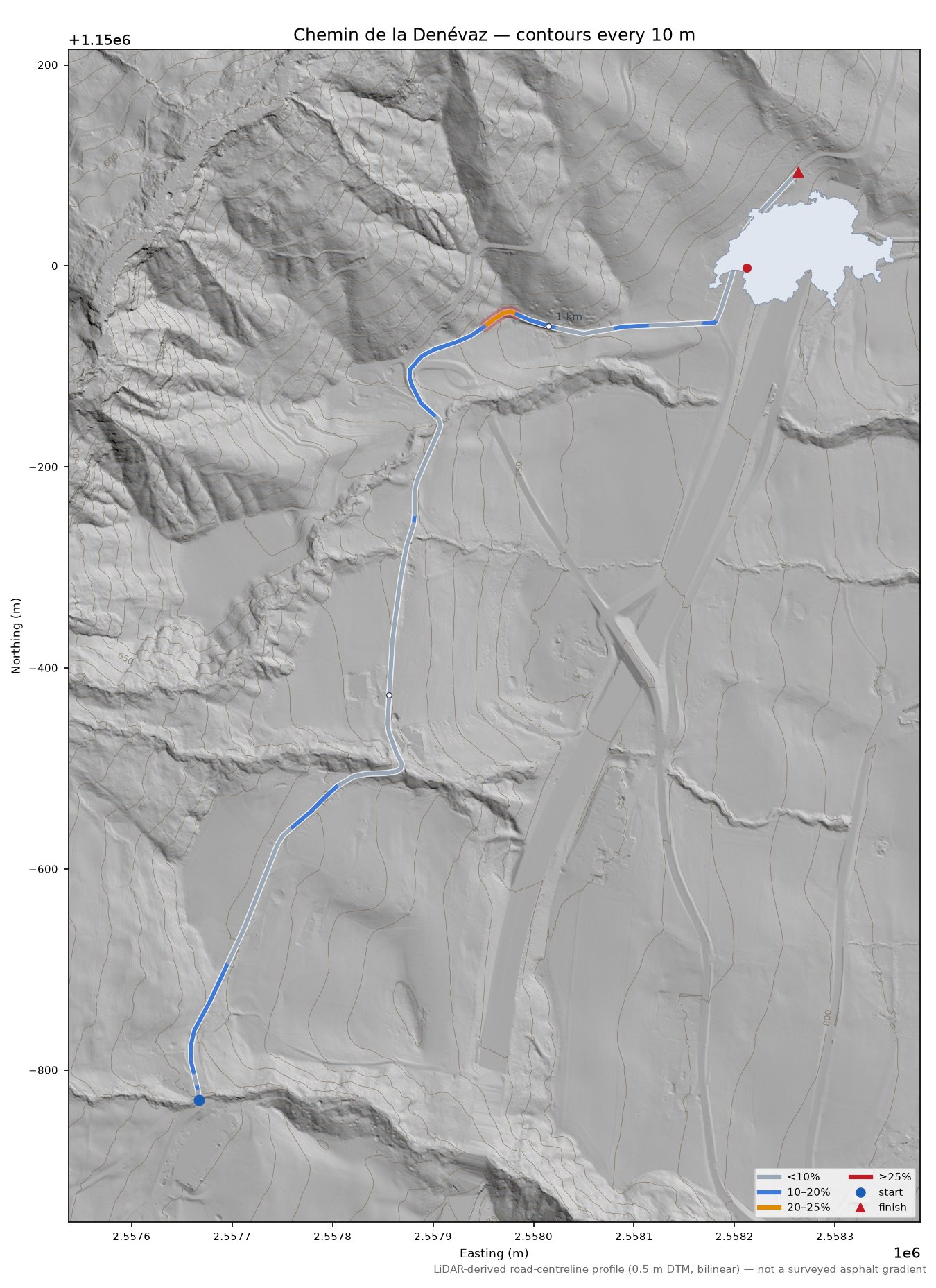 Chemin de la Denévaz LiDAR hillshade map with contours