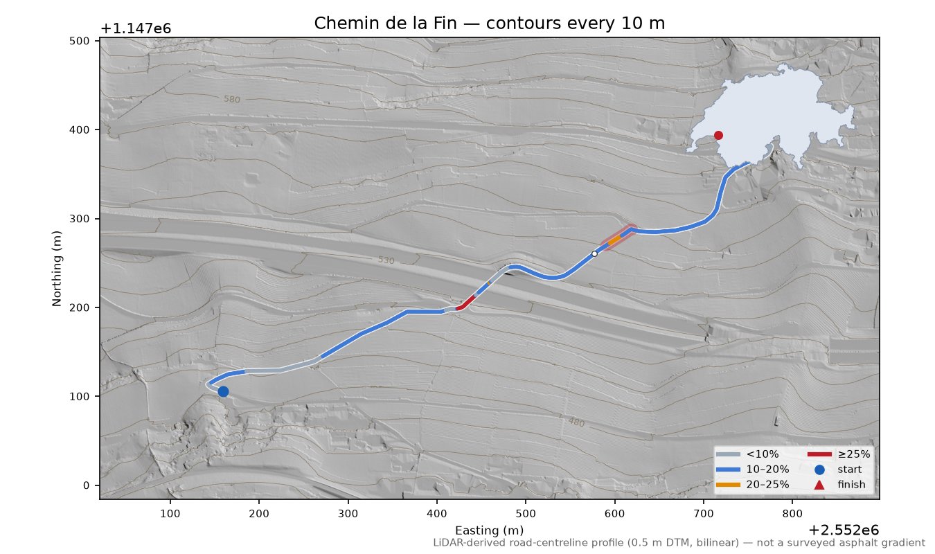 Chemin de la Fin LiDAR hillshade map with contours
