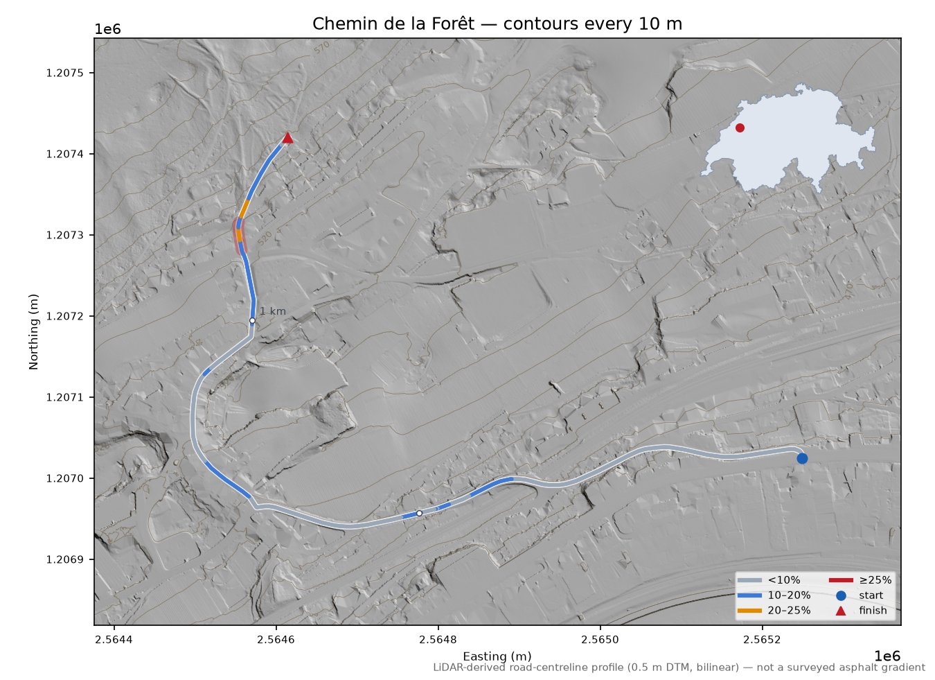 Chemin de la Forêt LiDAR hillshade map with contours
