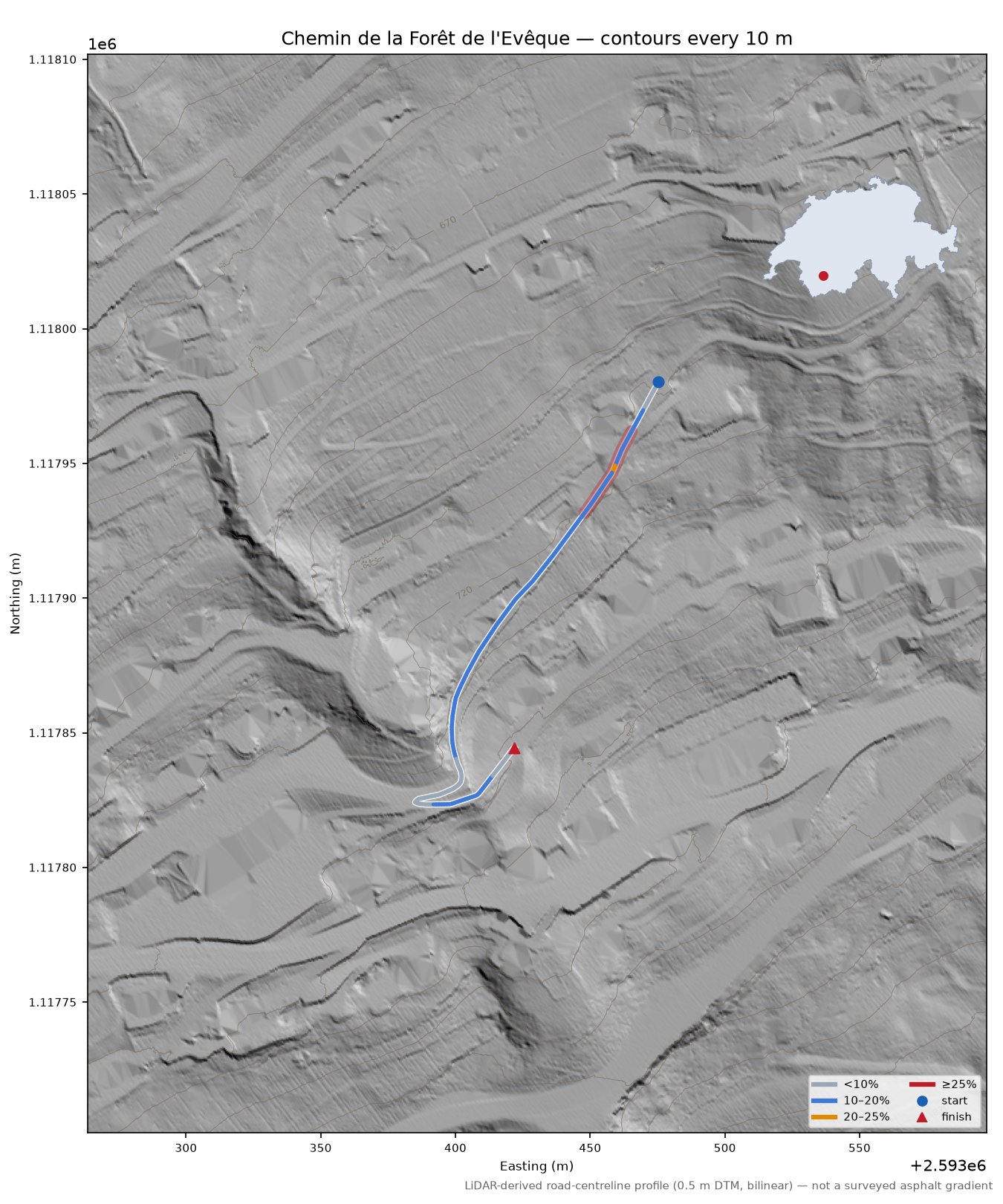 Chemin de la Forêt de l'Evêque LiDAR hillshade map with contours
