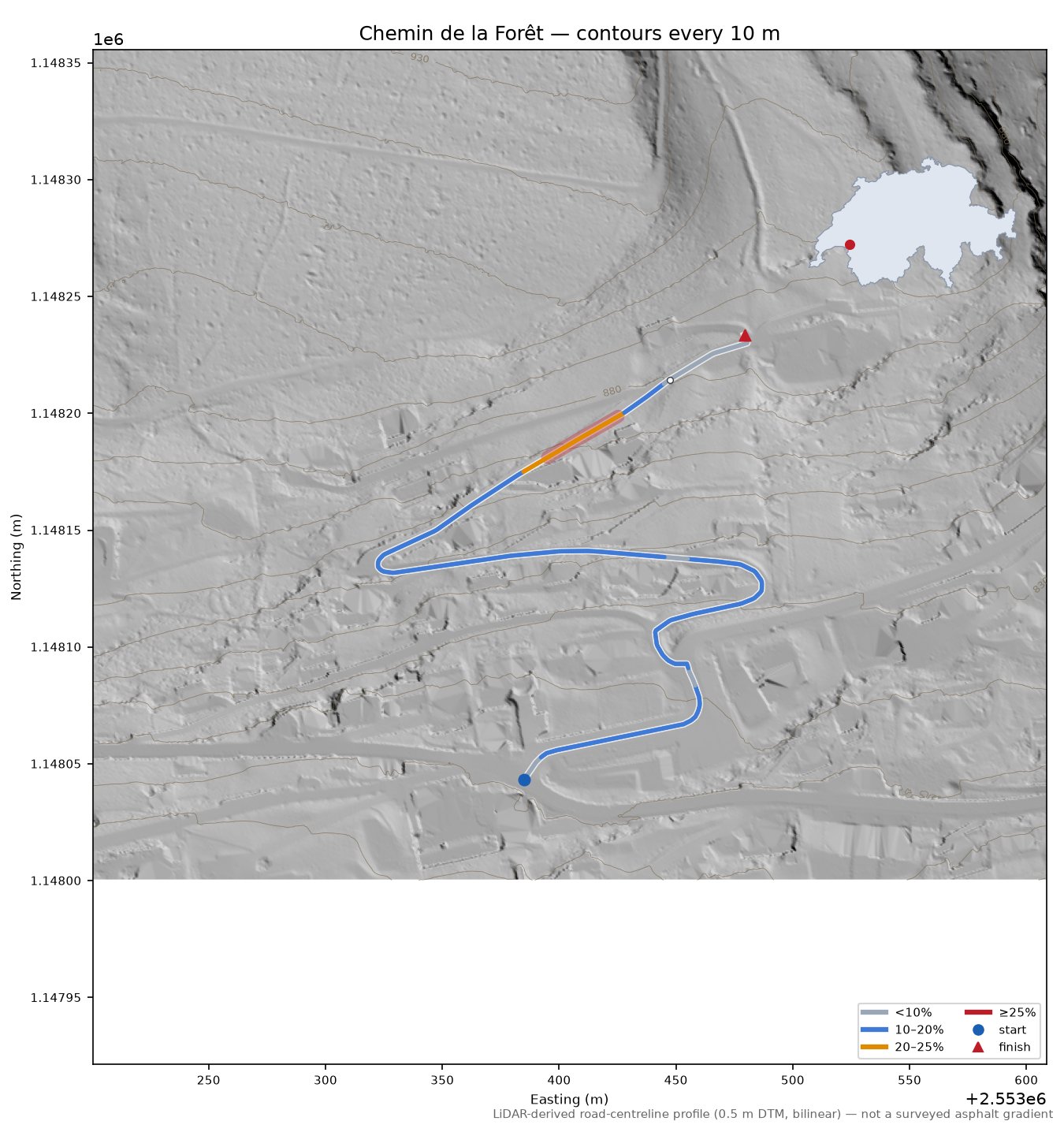 Chemin de la Forêt LiDAR hillshade map with contours