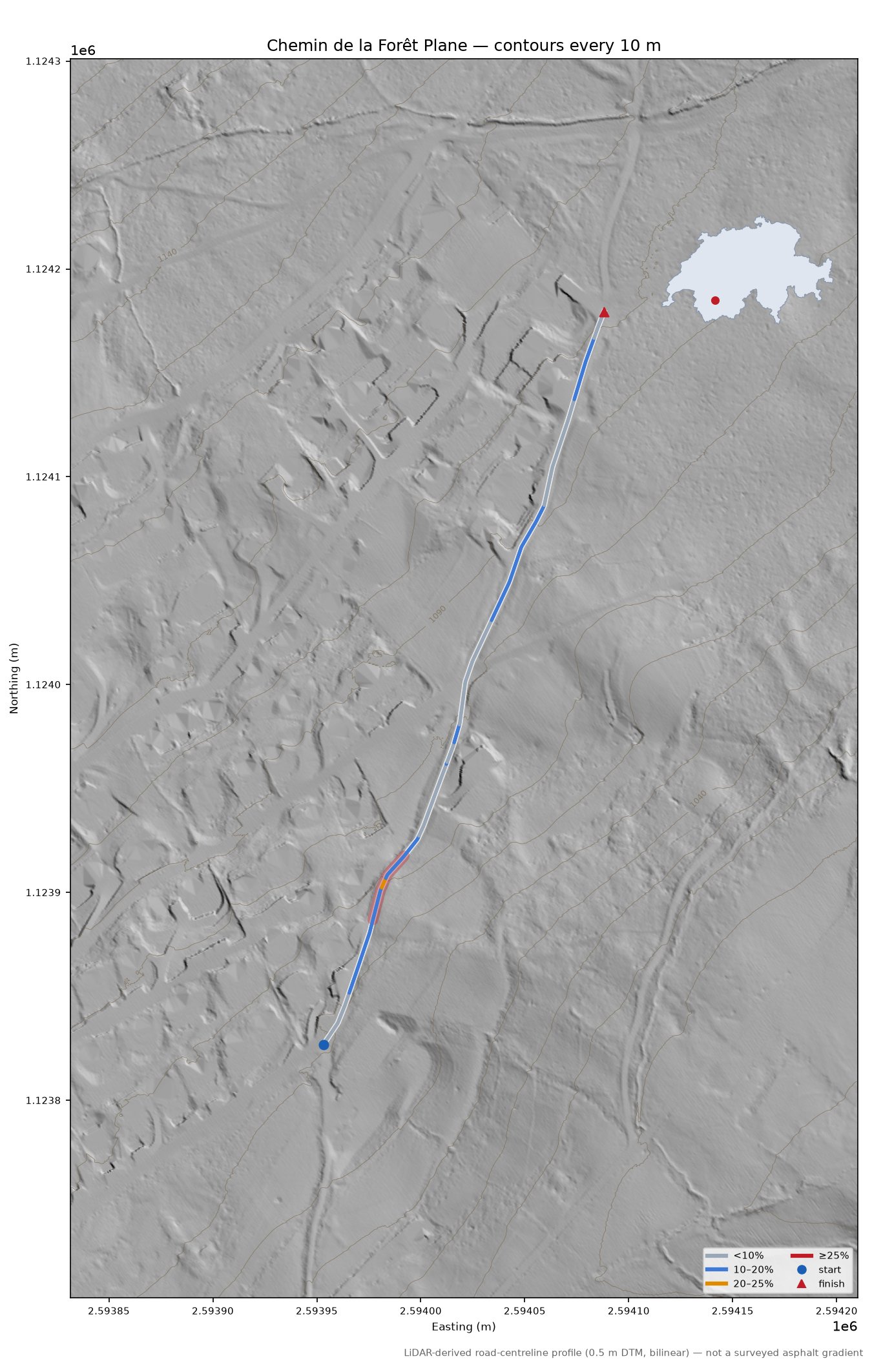 Chemin de la Forêt Plane LiDAR hillshade map with contours