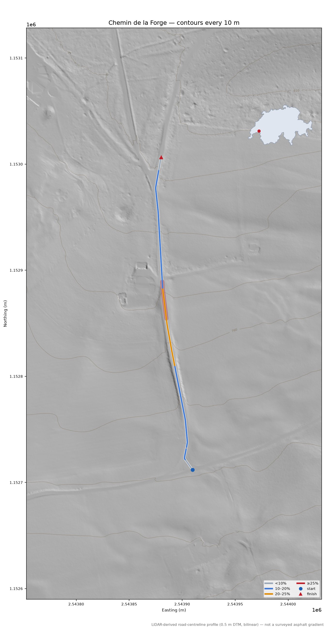 Chemin de la Forge LiDAR hillshade map with contours