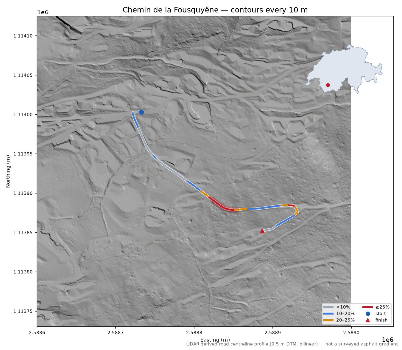 Chemin de la Fousquyëne LiDAR hillshade map with contours