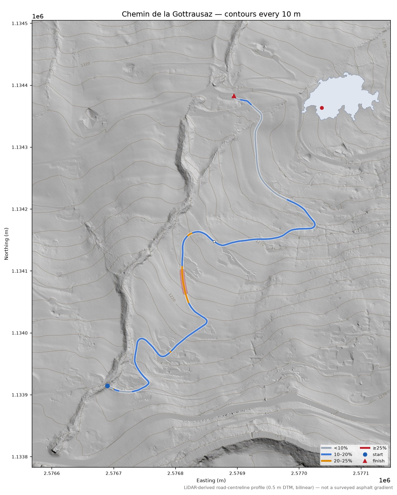 Chemin de la Gottrausaz LiDAR hillshade map with contours