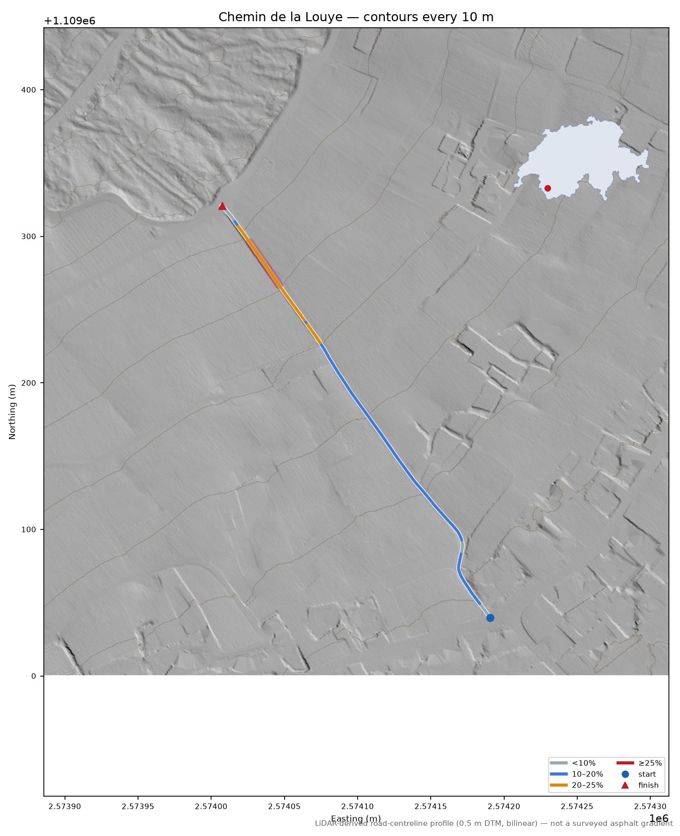 Chemin de la Louye LiDAR hillshade map with contours
