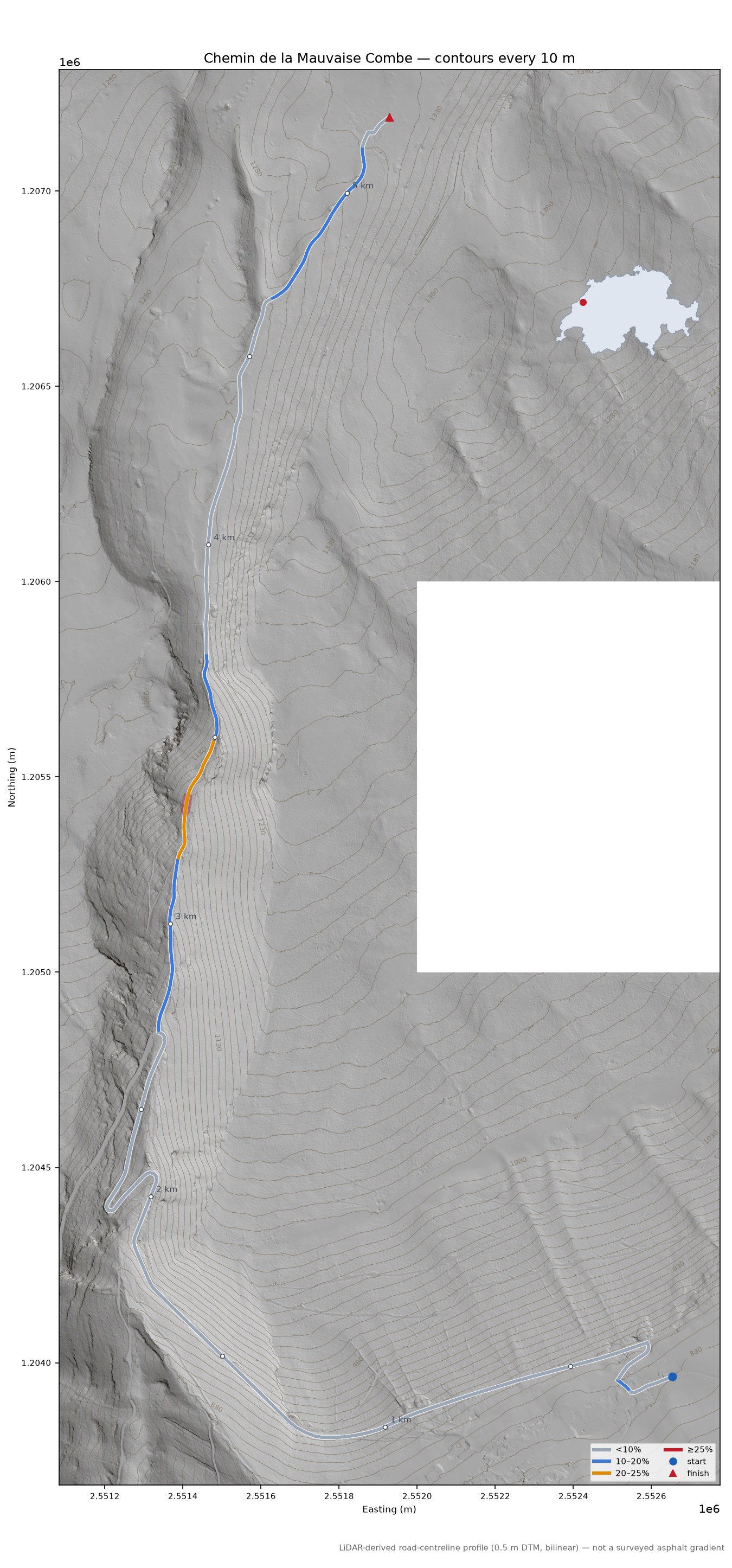 Chemin de la Mauvaise Combe LiDAR hillshade map with contours