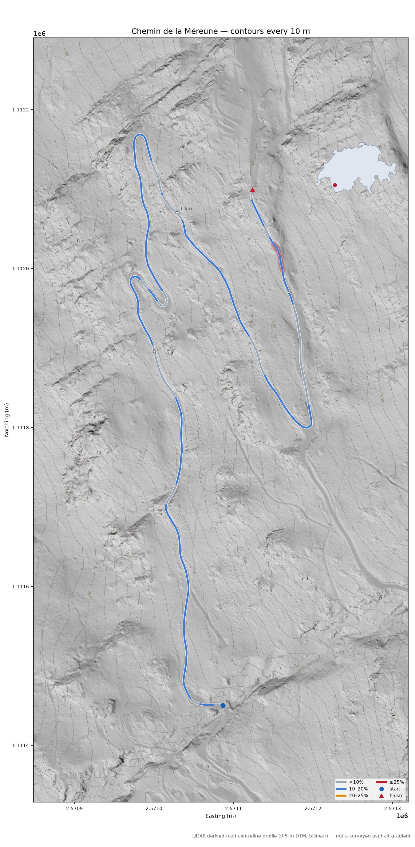 Chemin de la Méreune LiDAR hillshade map with contours