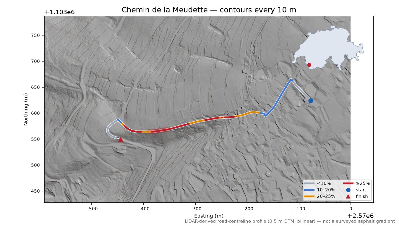 Chemin de la Meudette LiDAR hillshade map with contours