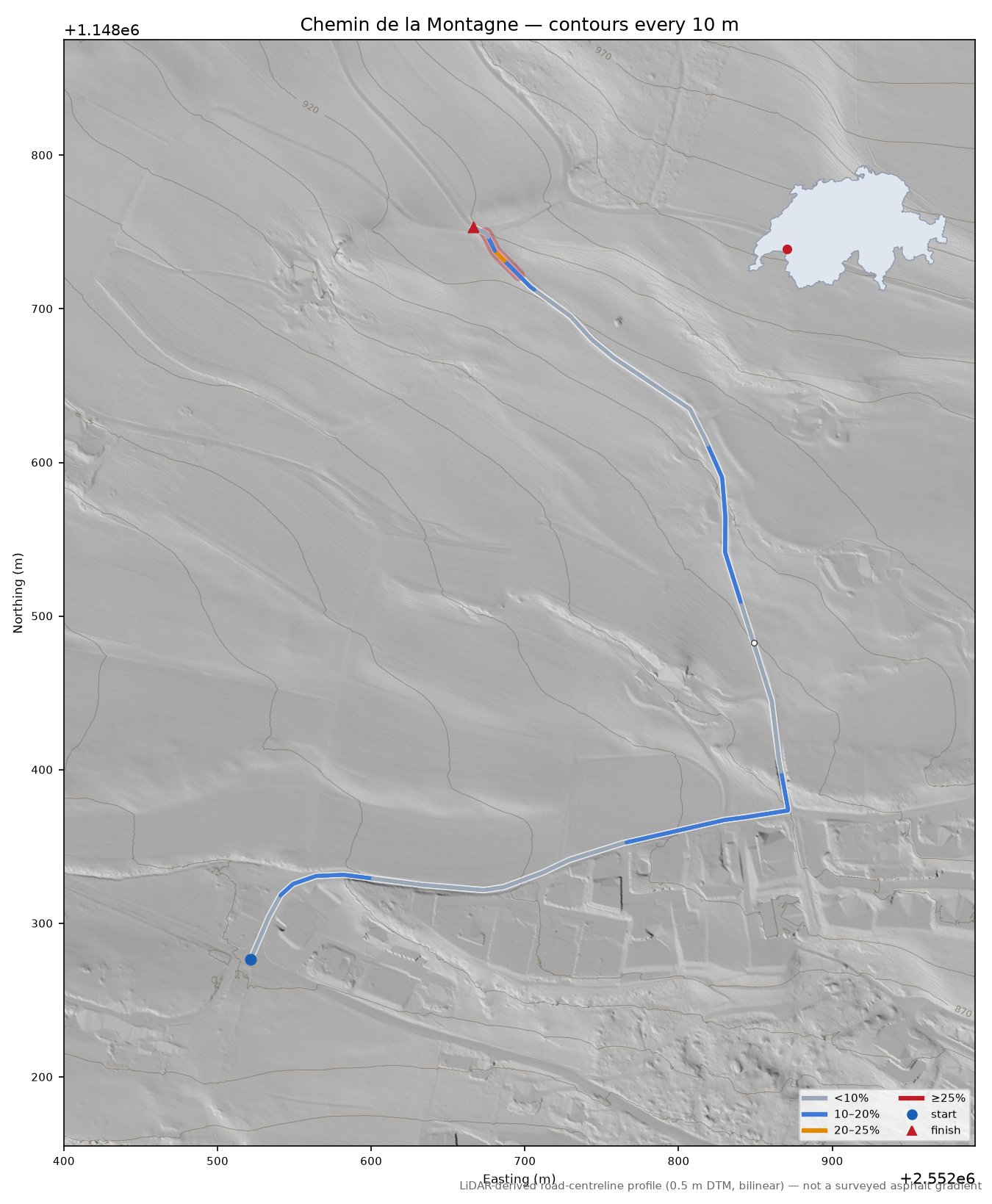 Chemin de la Montagne LiDAR hillshade map with contours