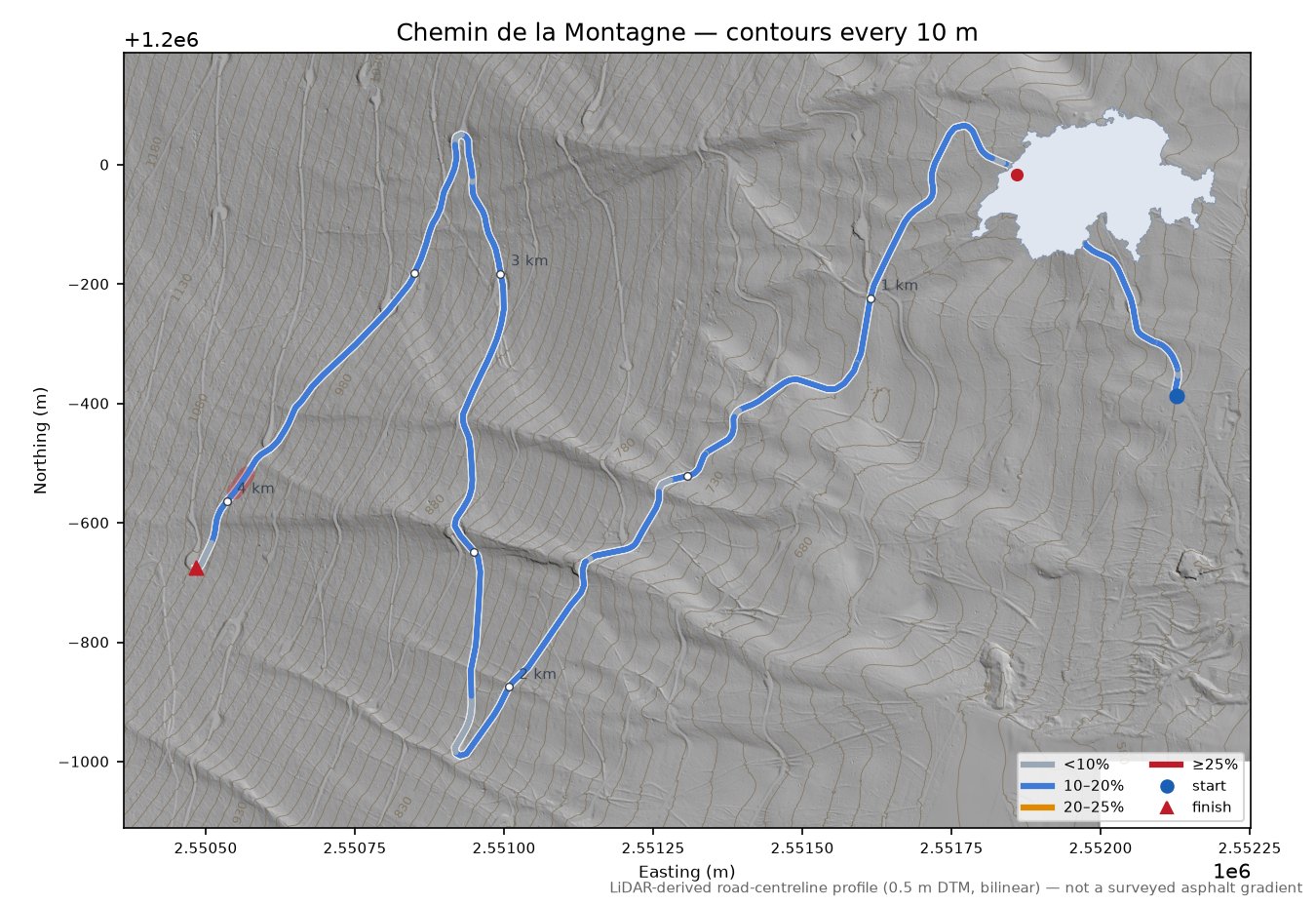 Chemin de la Montagne LiDAR hillshade map with contours