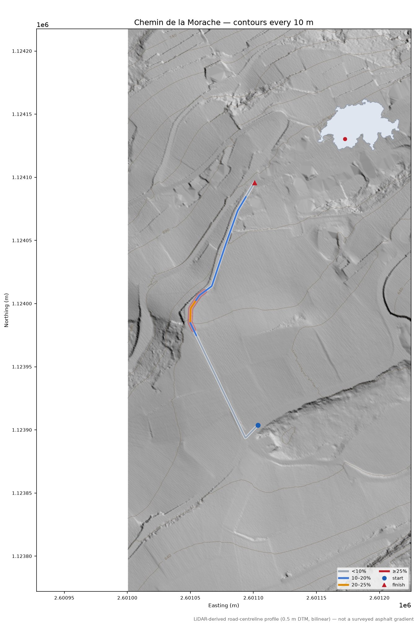 Chemin de la Morache LiDAR hillshade map with contours