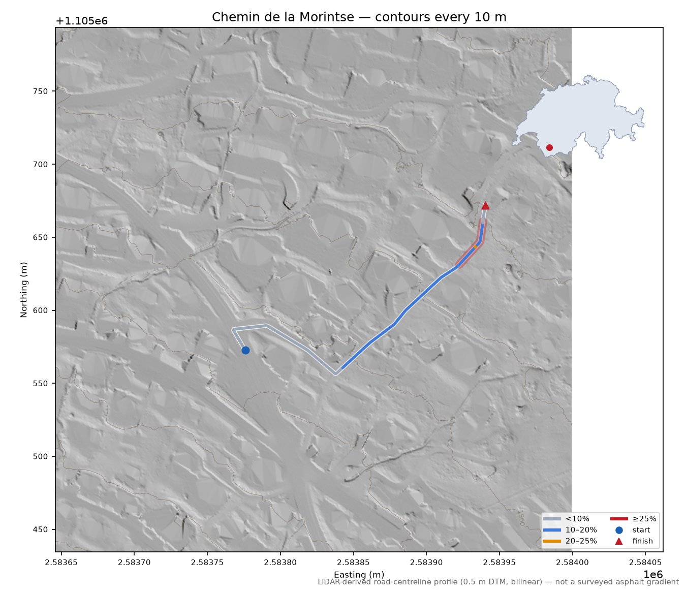 Chemin de la Morintse LiDAR hillshade map with contours