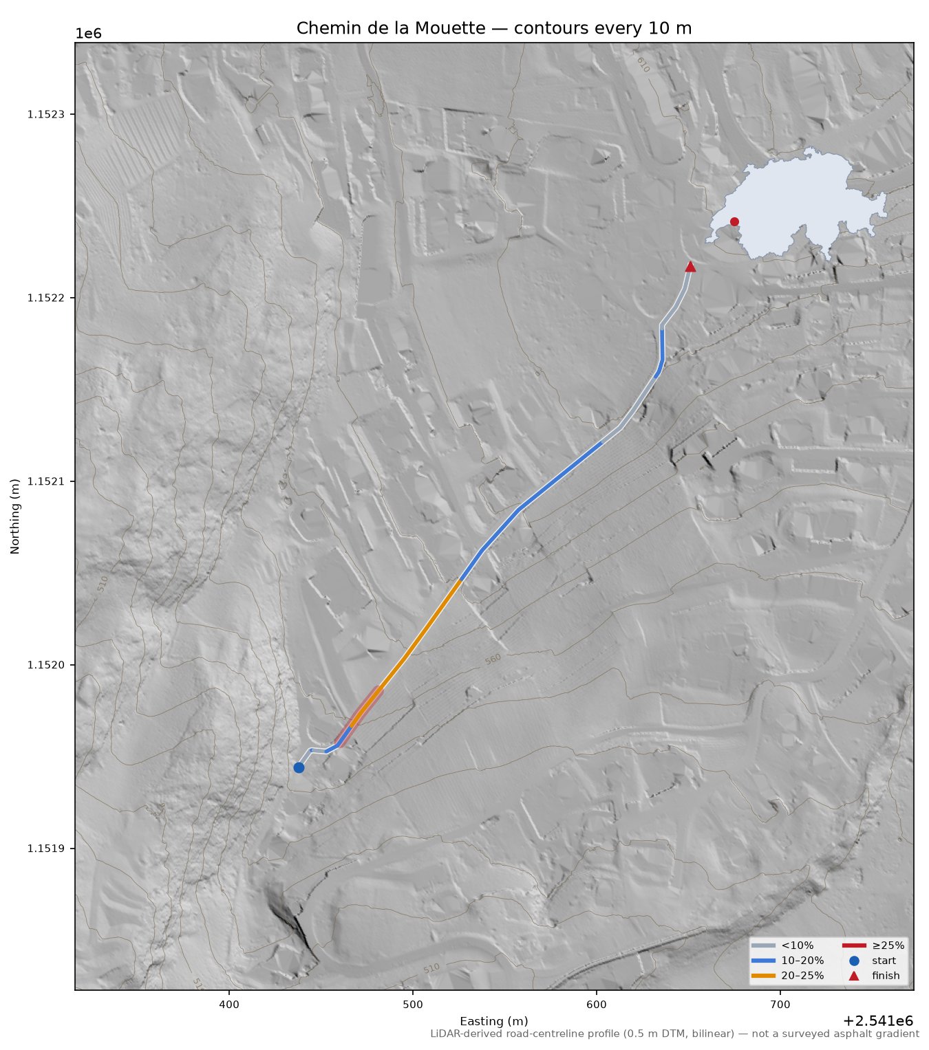 Chemin de la Mouette LiDAR hillshade map with contours