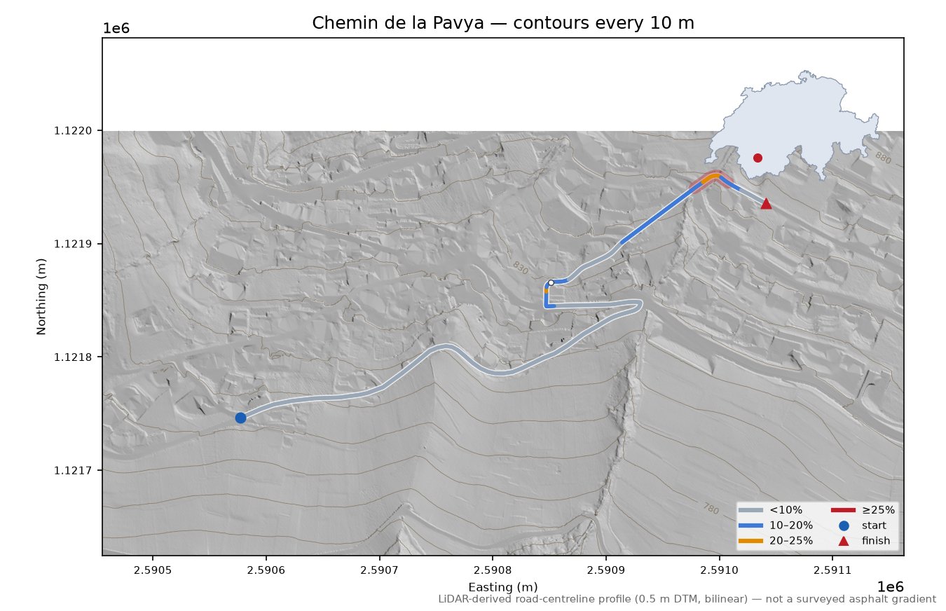 Chemin de la Pavya LiDAR hillshade map with contours