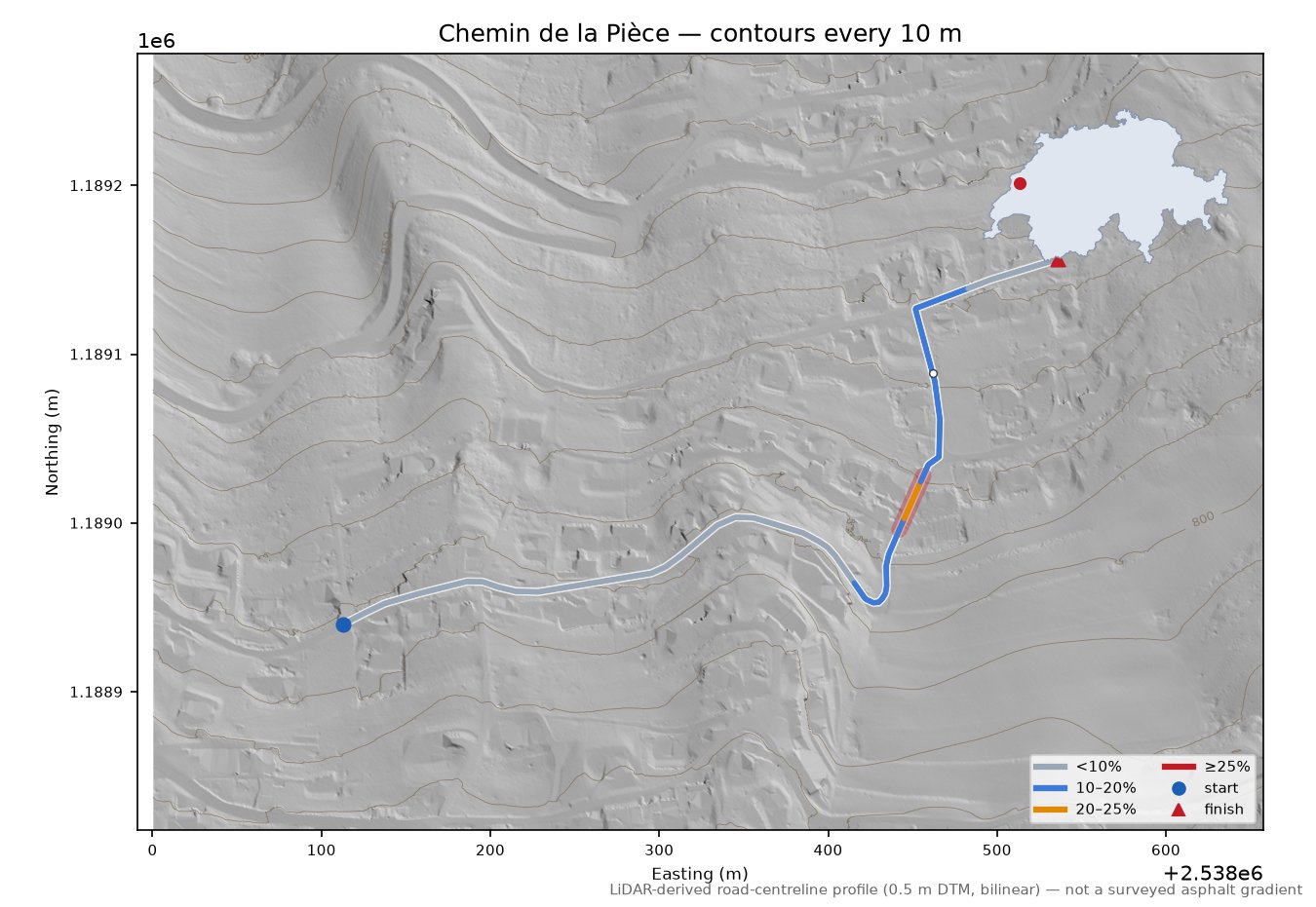 Chemin de la Pièce LiDAR hillshade map with contours