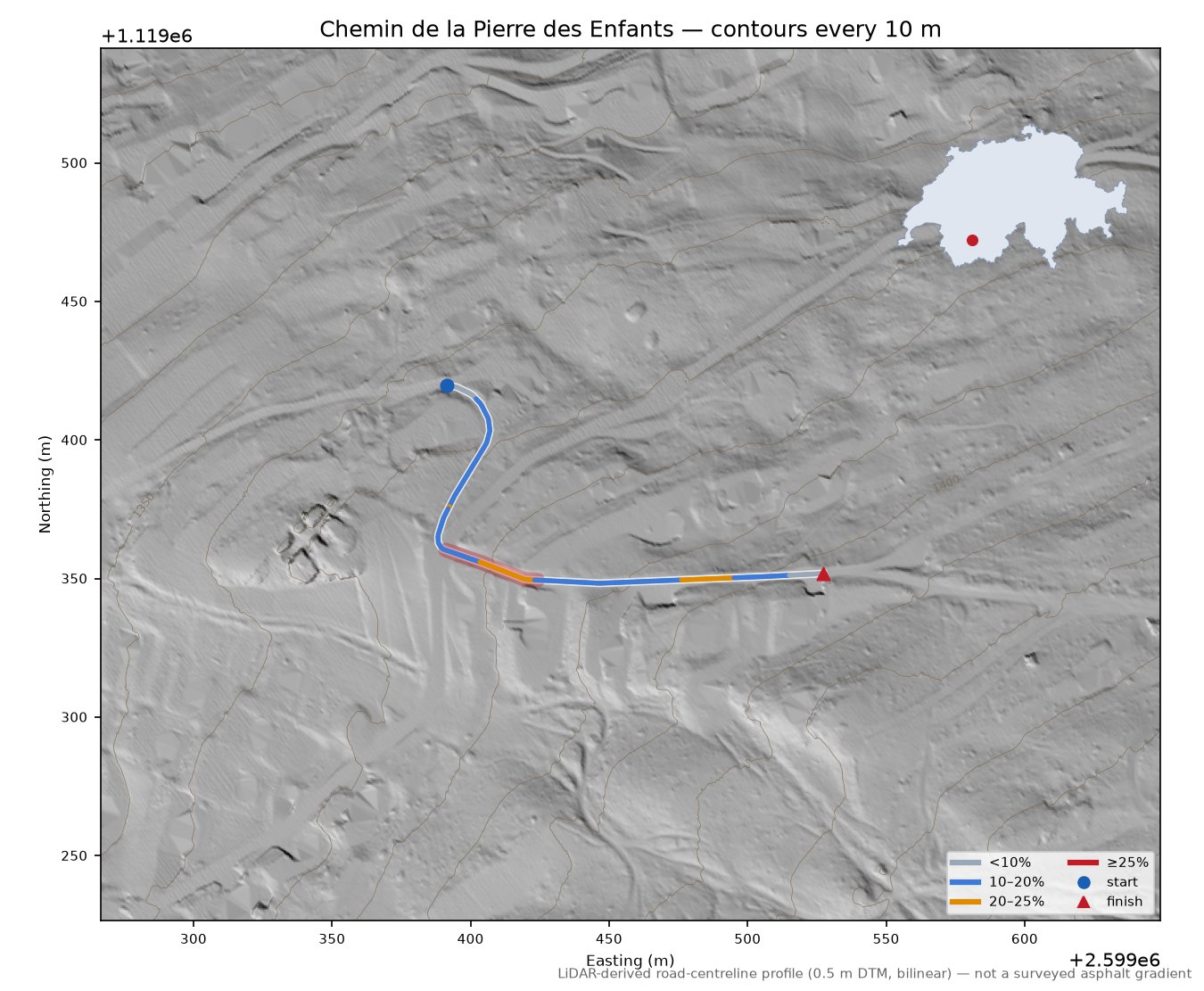 Chemin de la Pierre des Enfants LiDAR hillshade map with contours