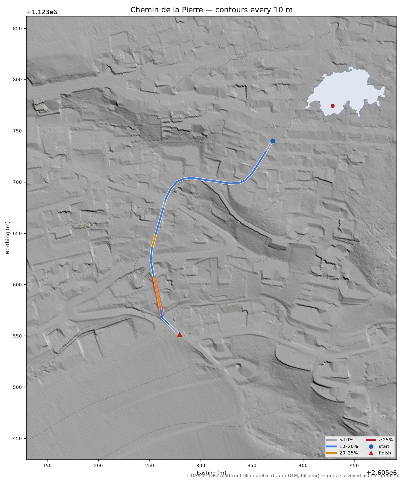 Chemin de la Pierre LiDAR hillshade map with contours