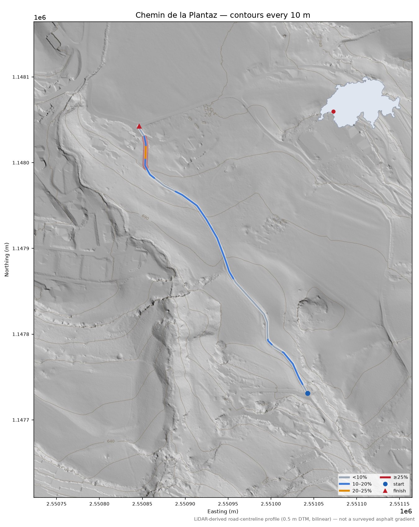 Chemin de la Plantaz LiDAR hillshade map with contours