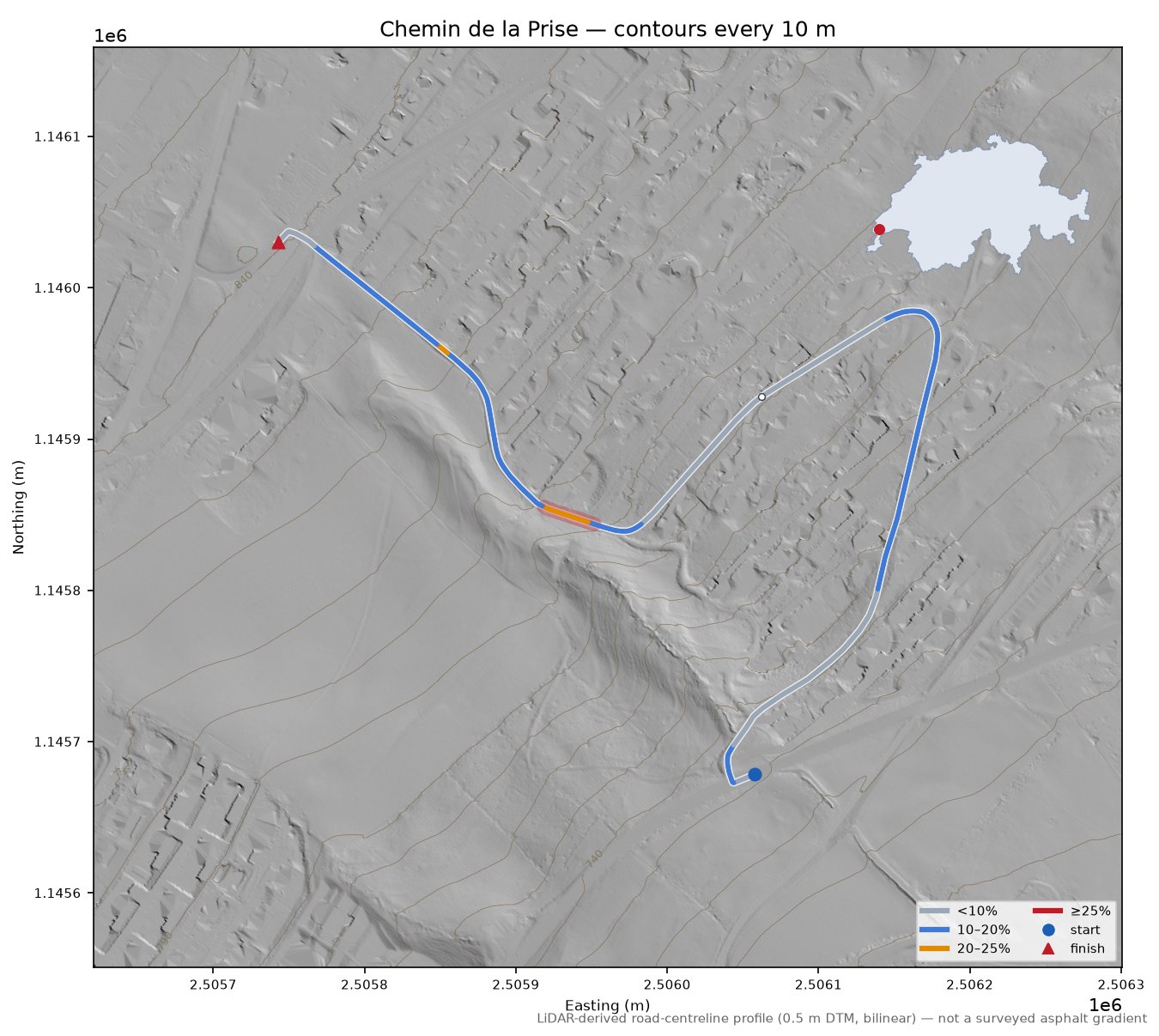 Chemin de la Prise LiDAR hillshade map with contours