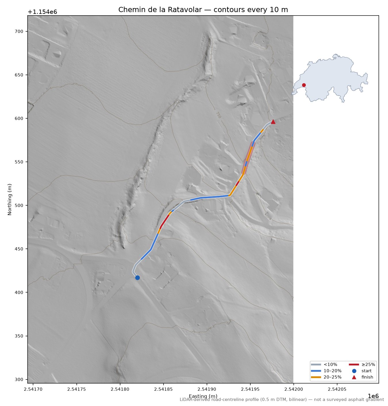 Chemin de la Ratavolar LiDAR hillshade map with contours