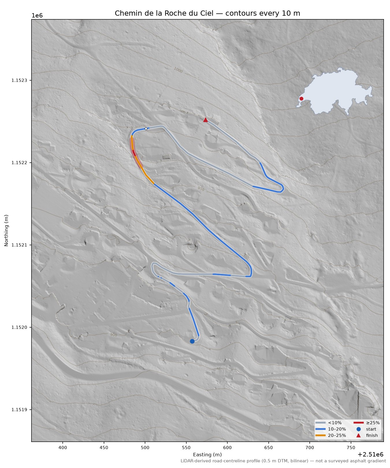 Chemin de la Roche du Ciel LiDAR hillshade map with contours