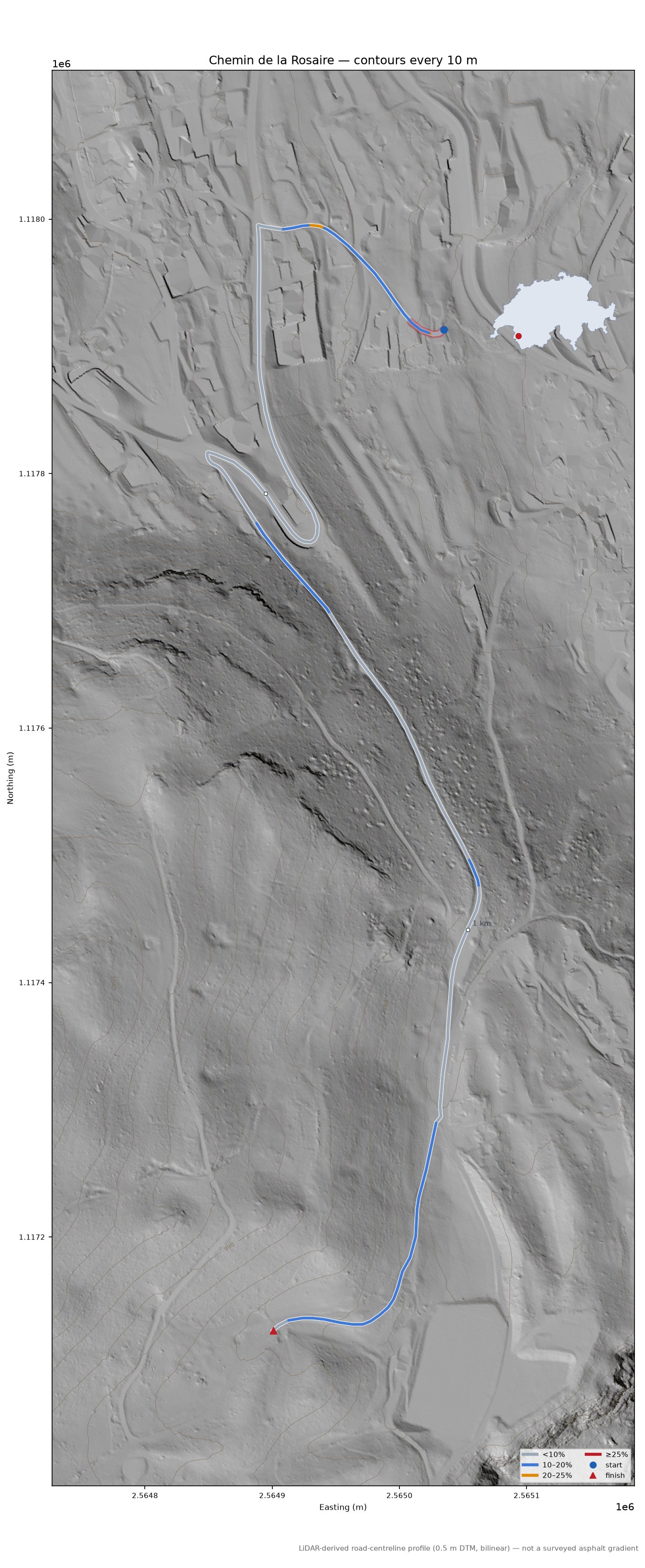 Chemin de la Rosaire LiDAR hillshade map with contours