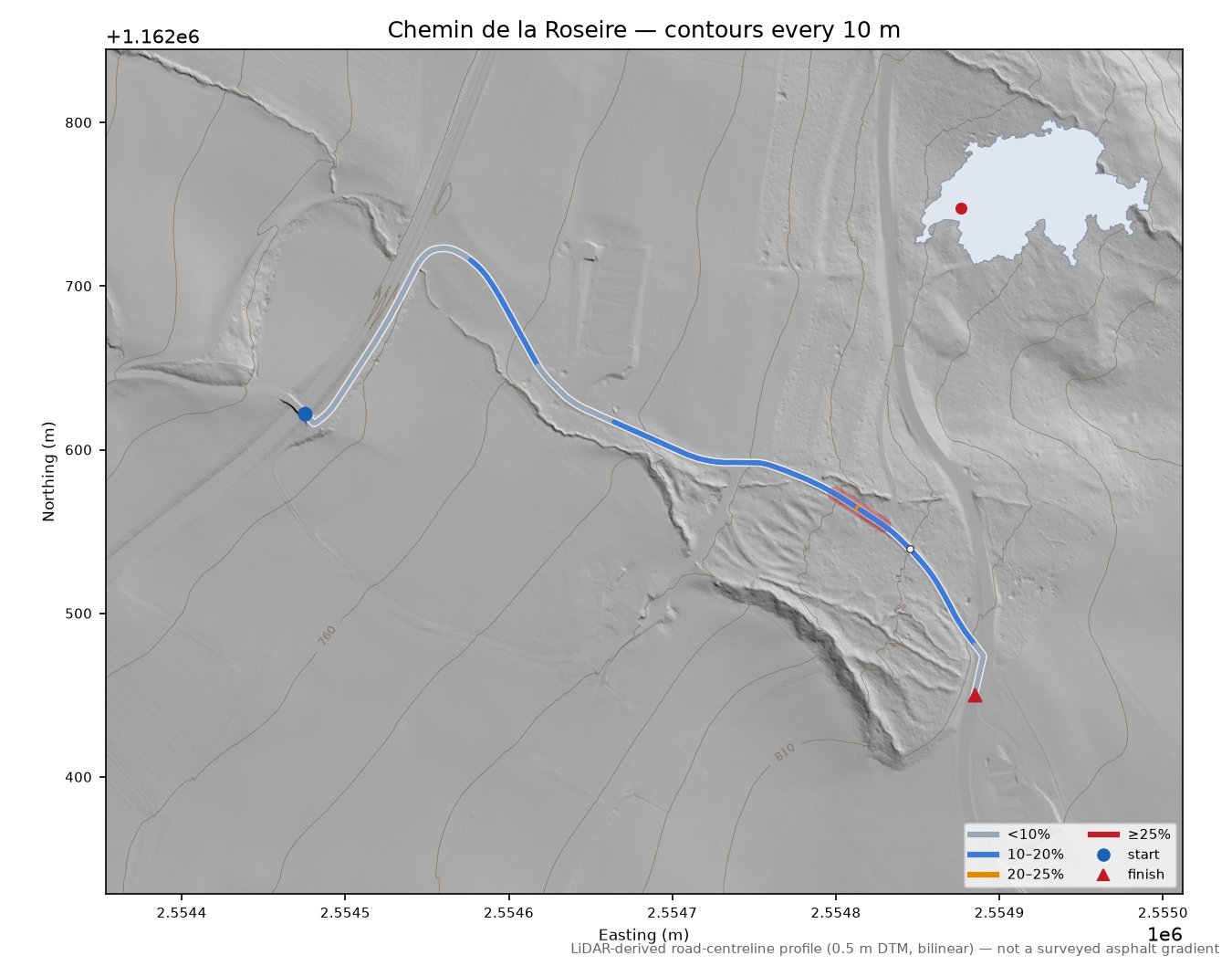 Chemin de la Roseire LiDAR hillshade map with contours