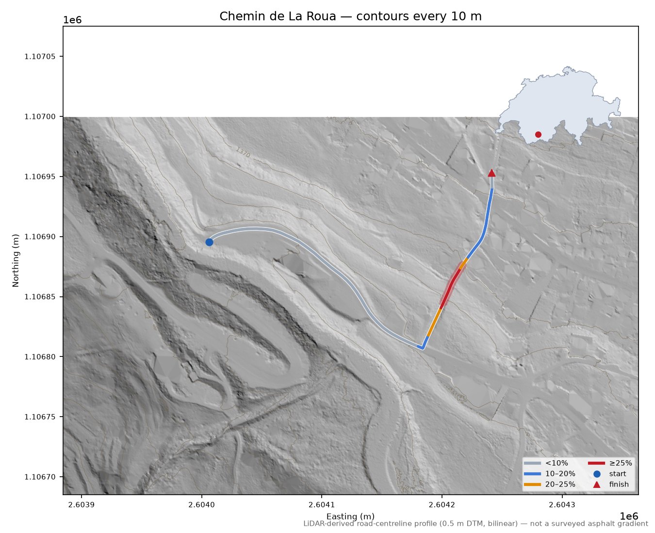 Chemin de La Roua LiDAR hillshade map with contours