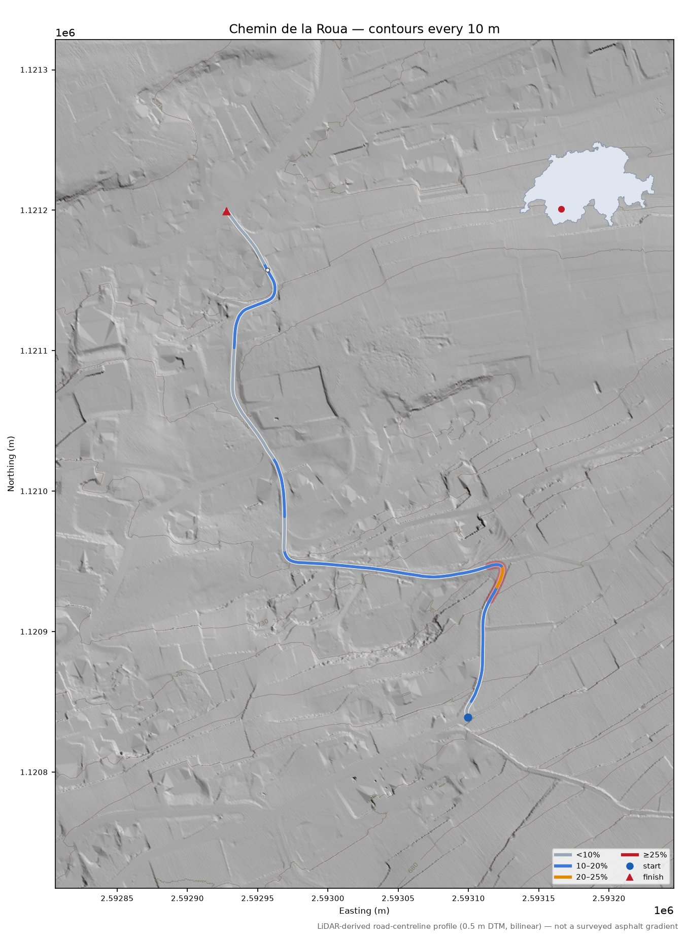Chemin de la Roua LiDAR hillshade map with contours