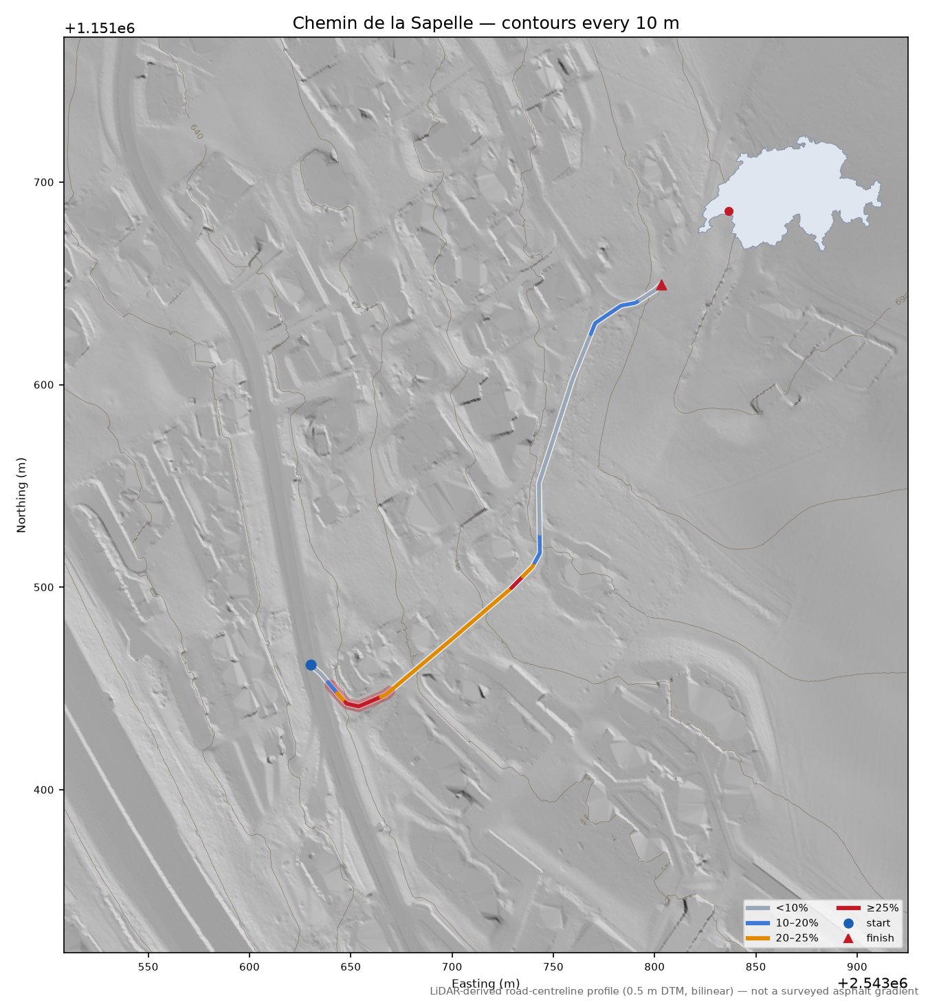 Chemin de la Sapelle LiDAR hillshade map with contours