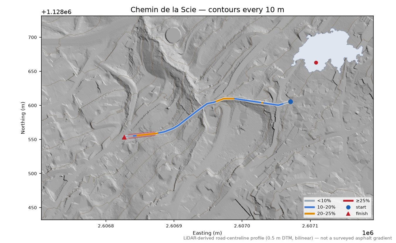 Chemin de la Scie LiDAR hillshade map with contours
