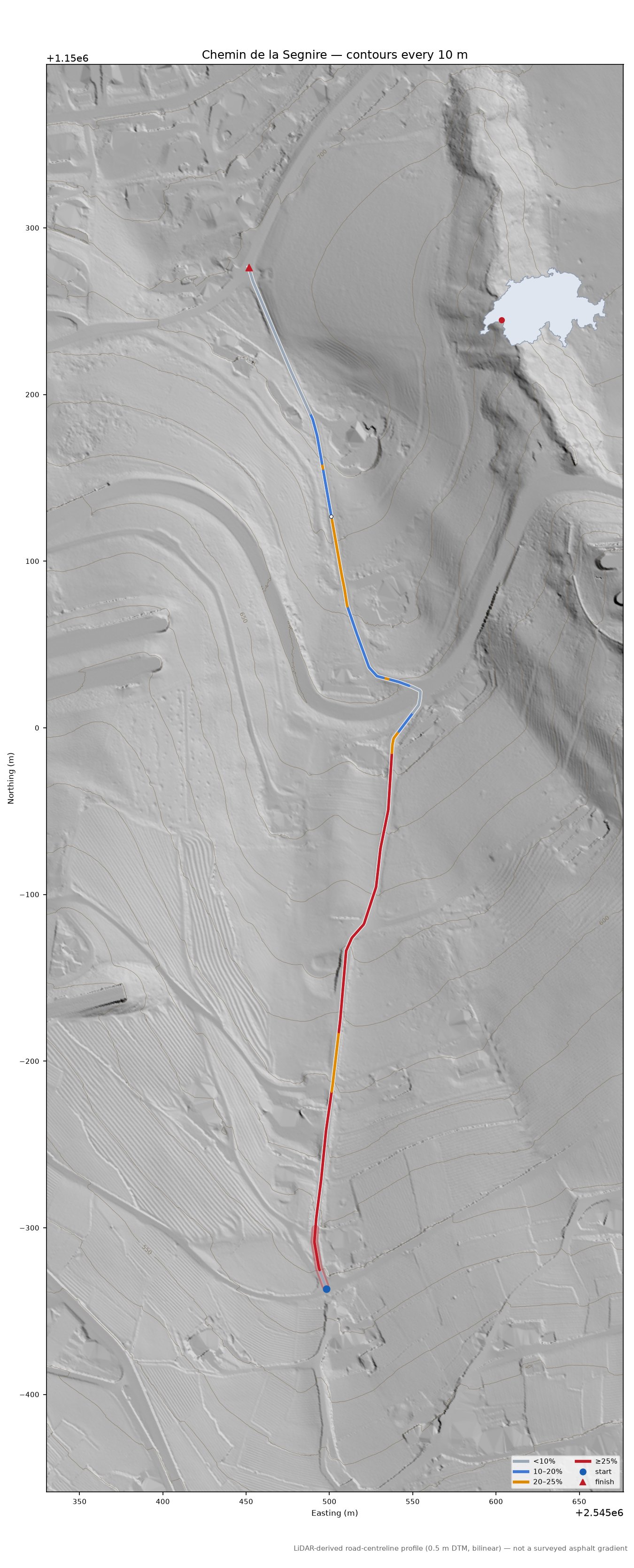 Chemin de la Segnire LiDAR hillshade map with contours
