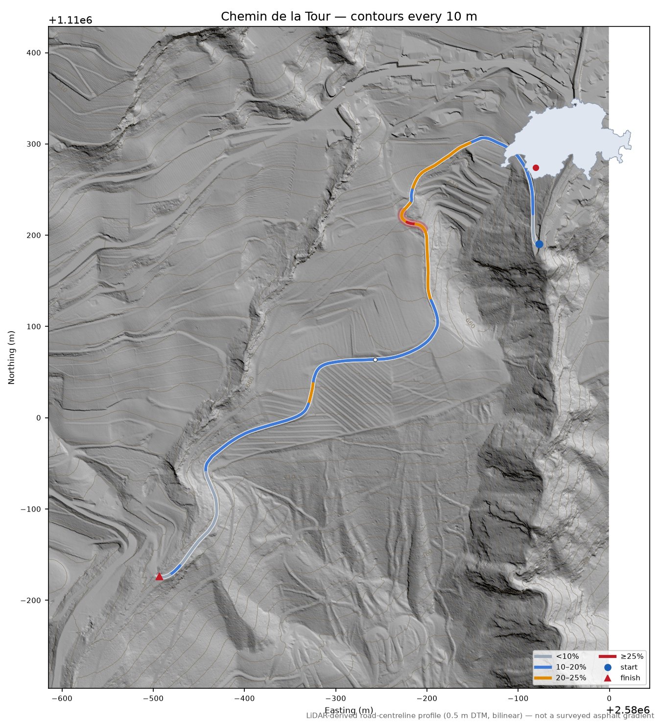 Chemin de la Tour LiDAR hillshade map with contours