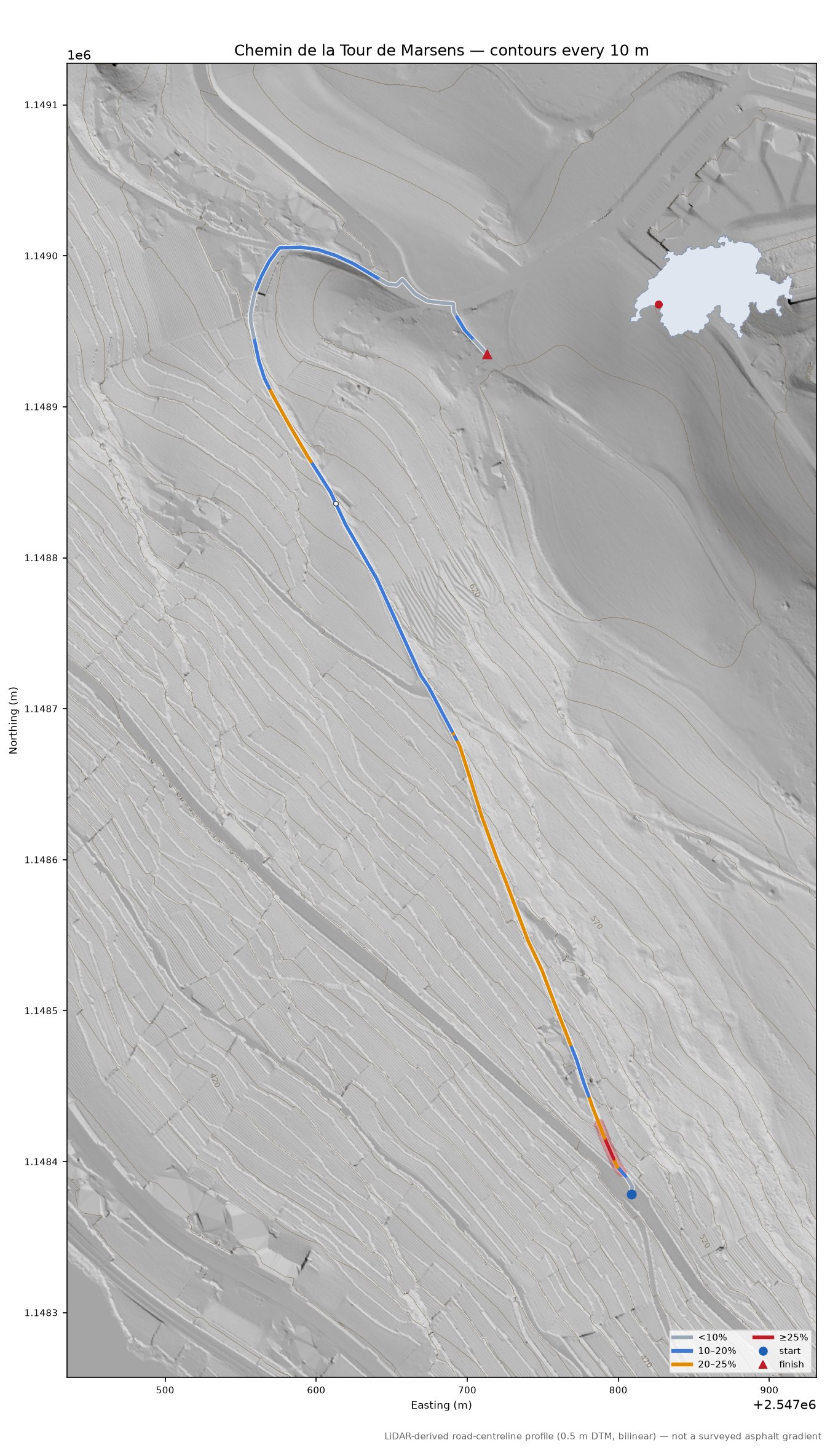 Chemin de la Tour de Marsens LiDAR hillshade map with contours