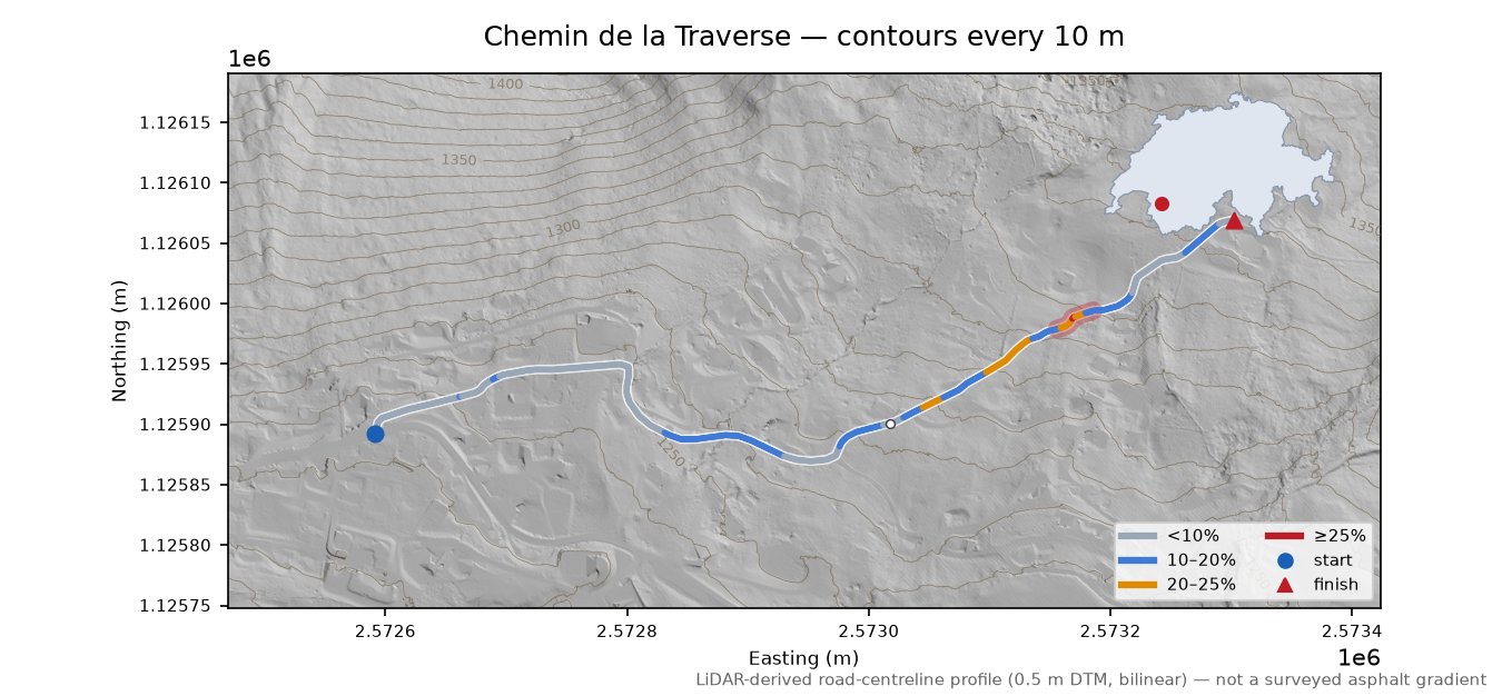 Chemin de la Traverse LiDAR hillshade map with contours