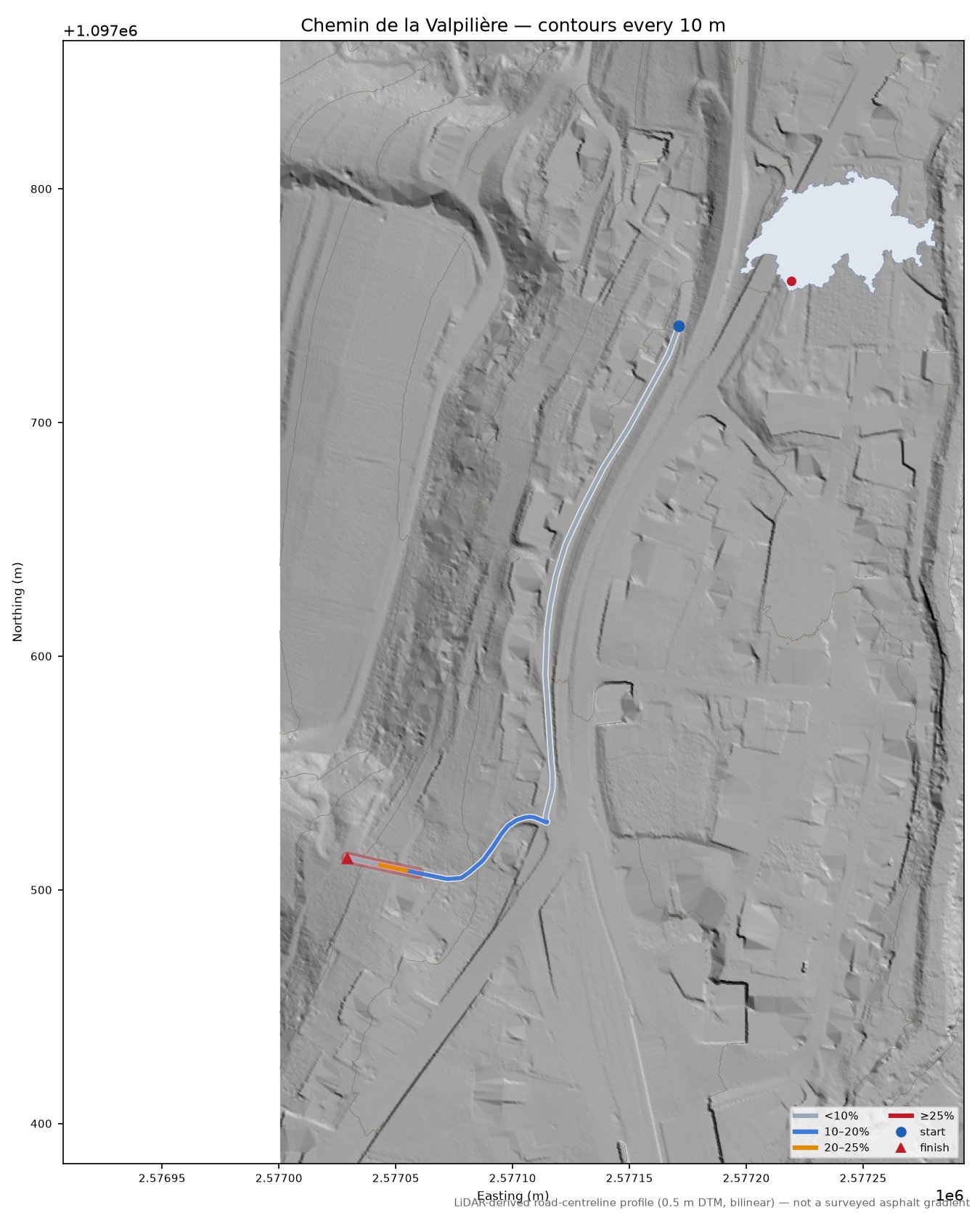 Chemin de la Valpilière LiDAR hillshade map with contours