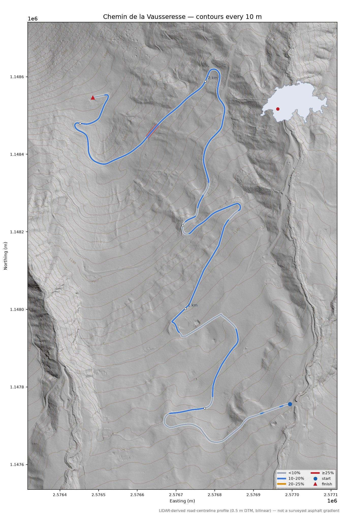 Chemin de la Vausseresse LiDAR hillshade map with contours