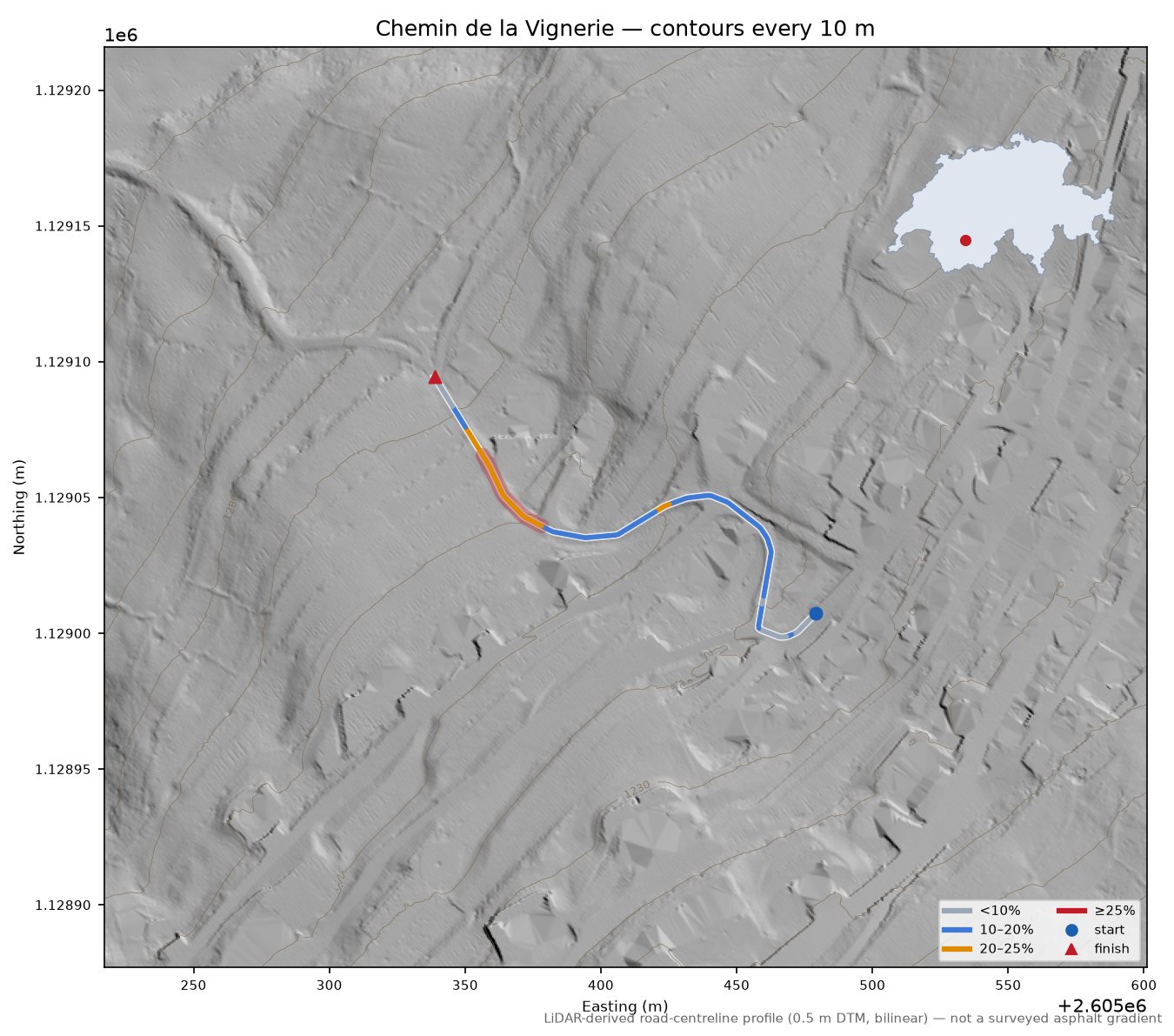 Chemin de la Vignerie LiDAR hillshade map with contours