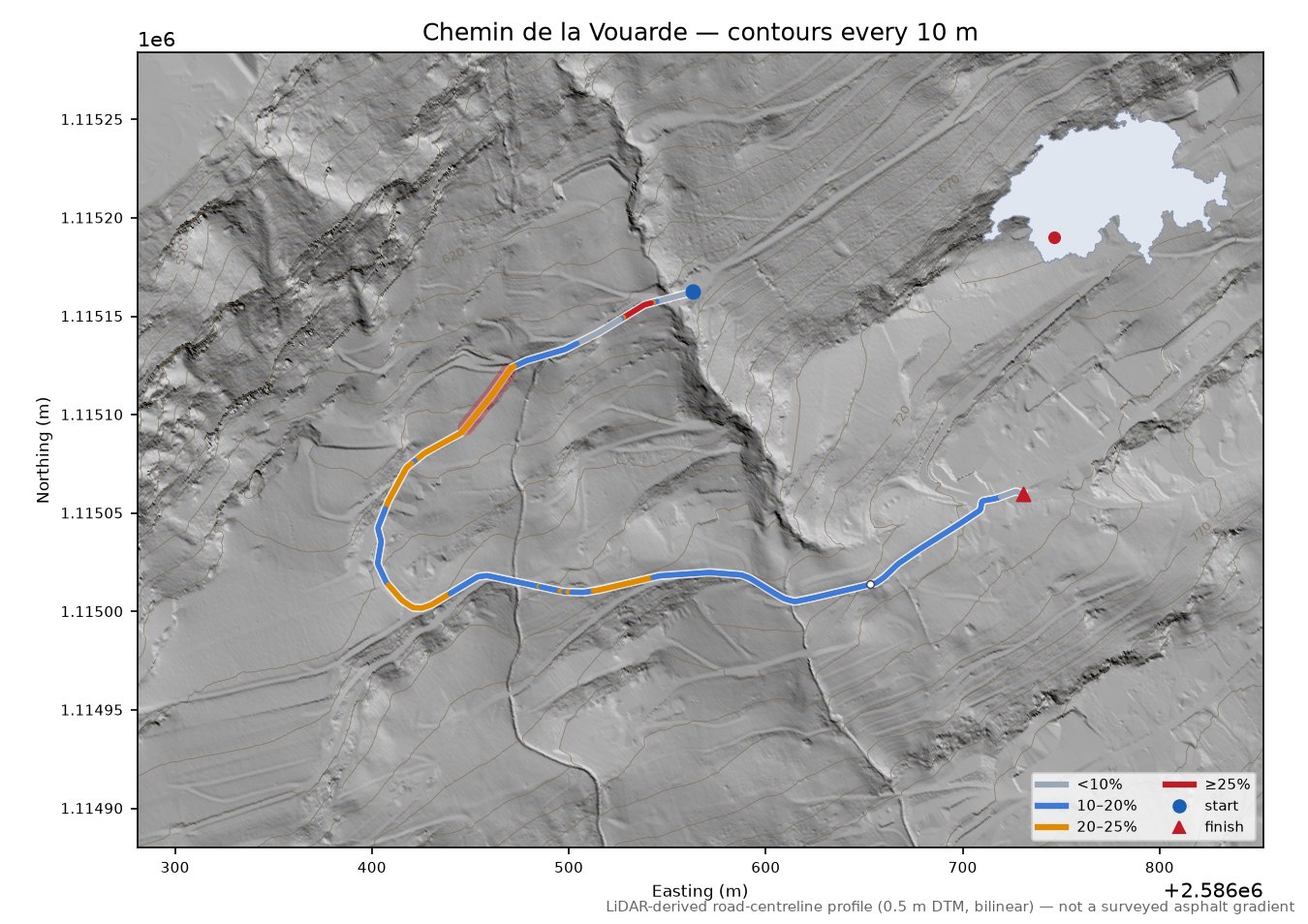 Chemin de la Vouarde LiDAR hillshade map with contours