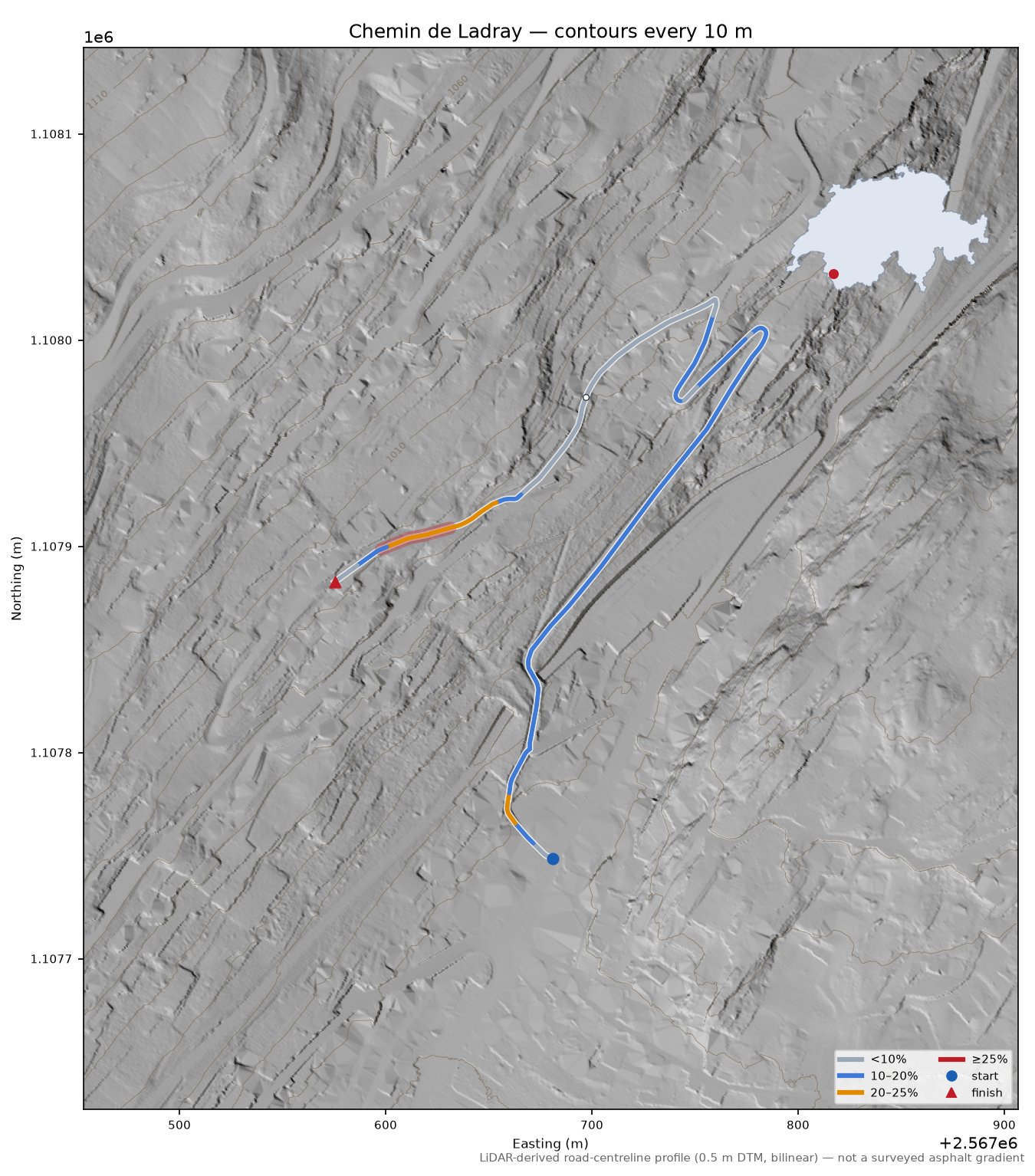Chemin de Ladray LiDAR hillshade map with contours