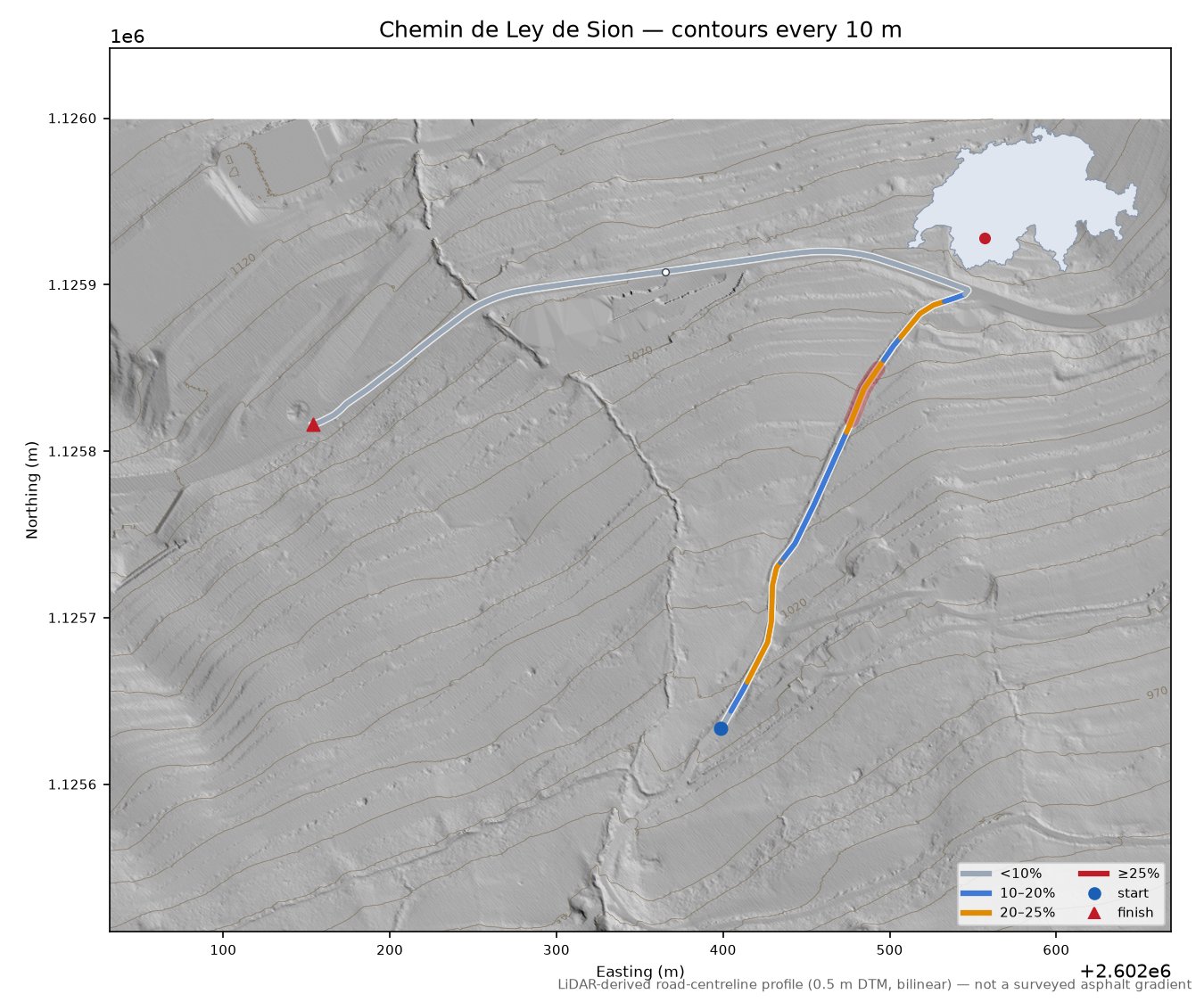 Chemin de Ley de Sion LiDAR hillshade map with contours