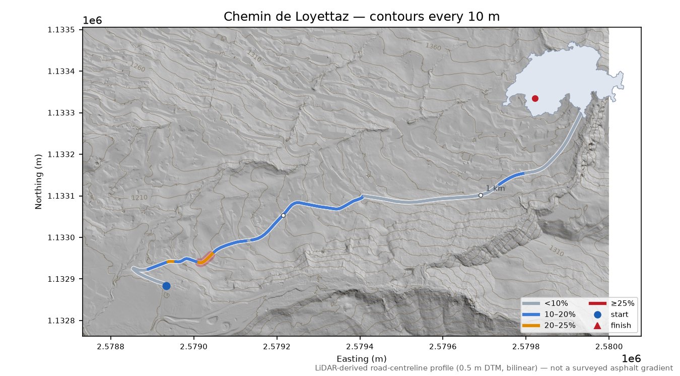 Chemin de Loyettaz LiDAR hillshade map with contours