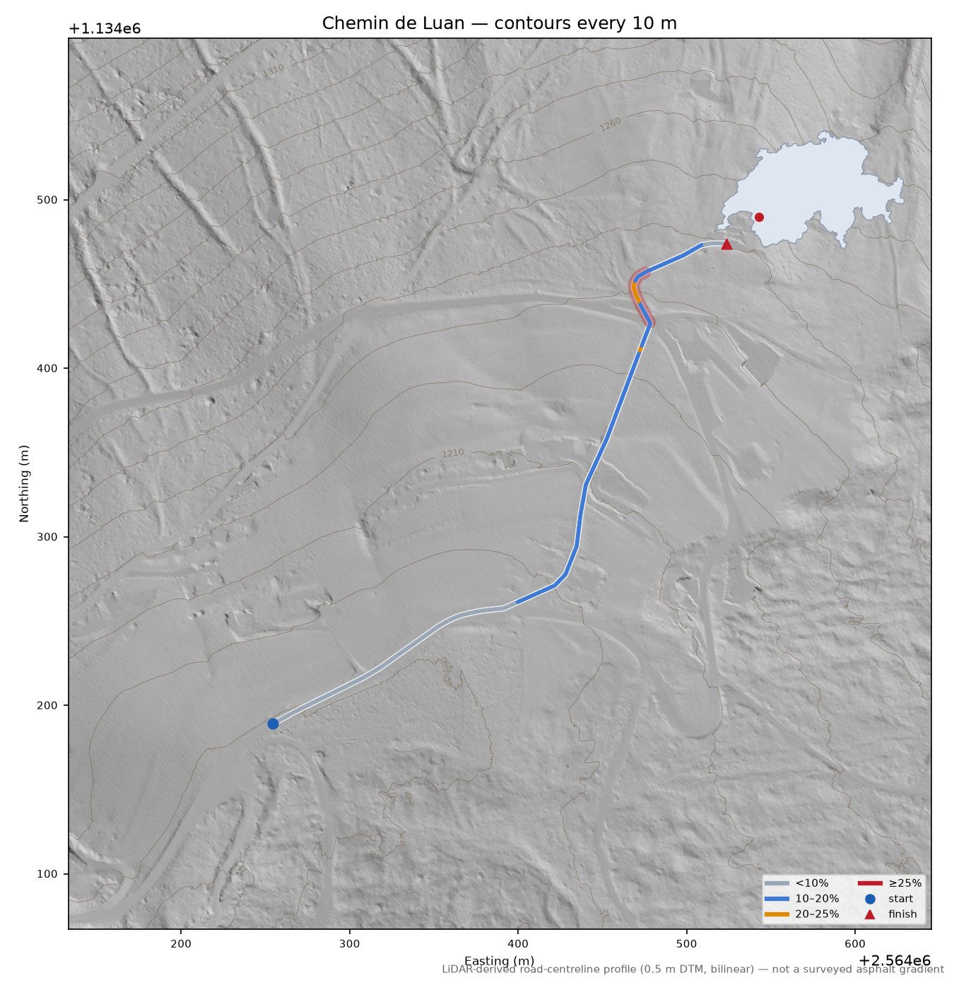 Chemin de Luan LiDAR hillshade map with contours