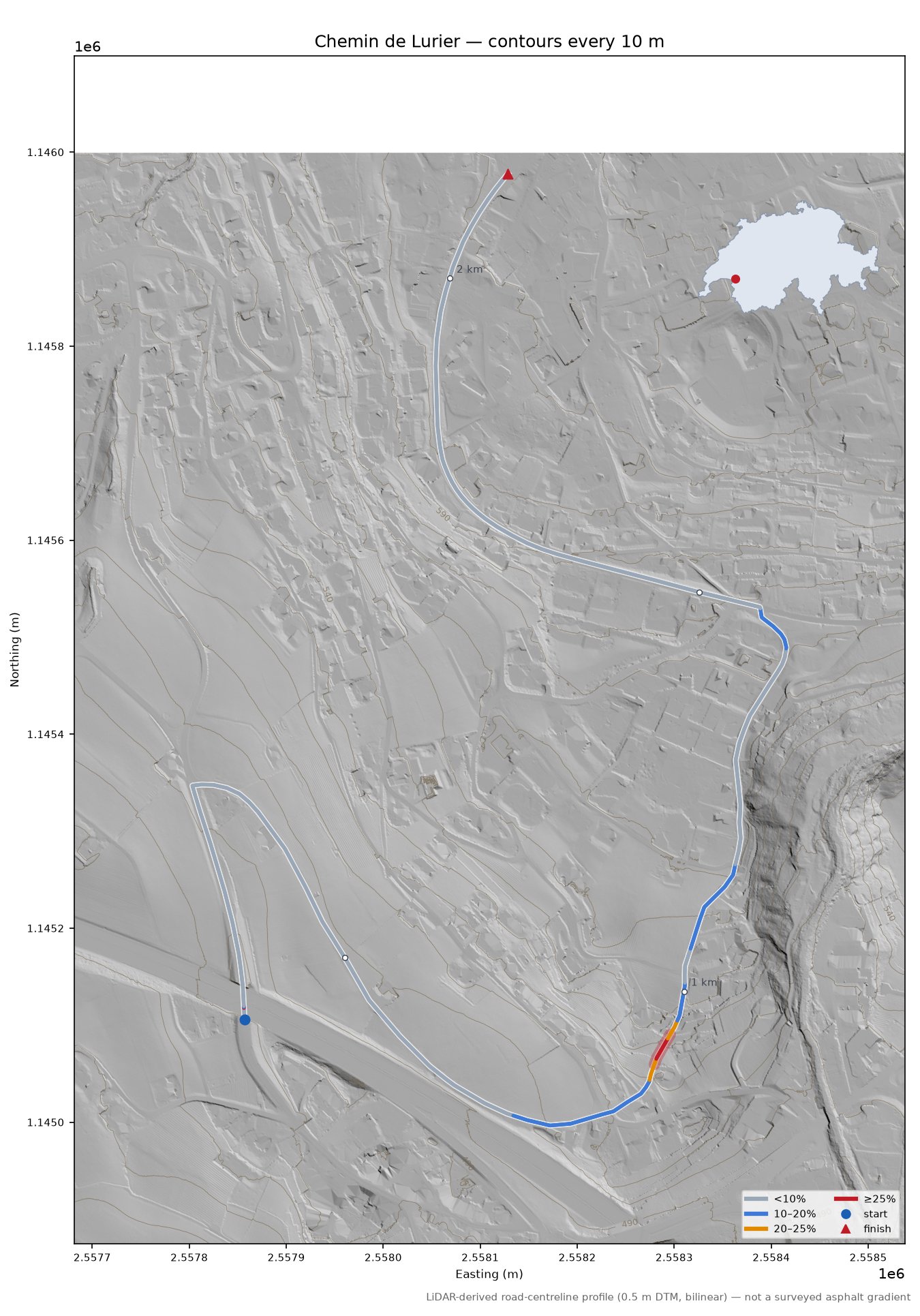 Chemin de Lurier LiDAR hillshade map with contours