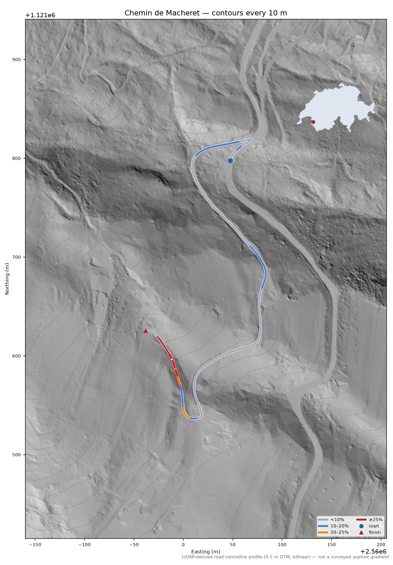 Chemin de Macheret LiDAR hillshade map with contours