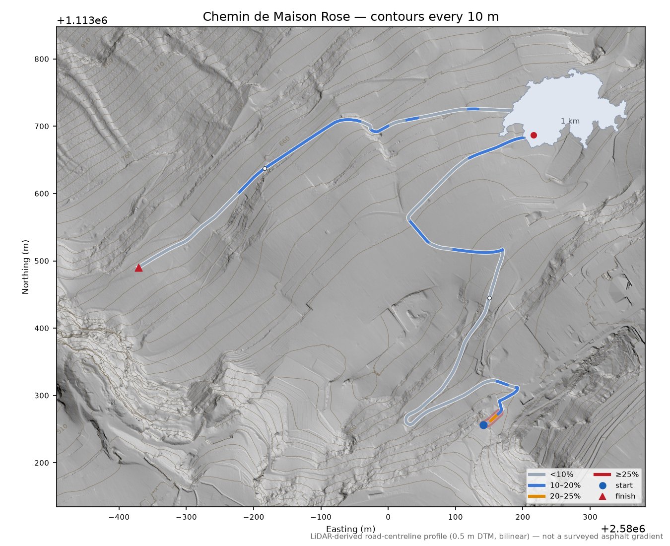 Chemin de Maison Rose LiDAR hillshade map with contours