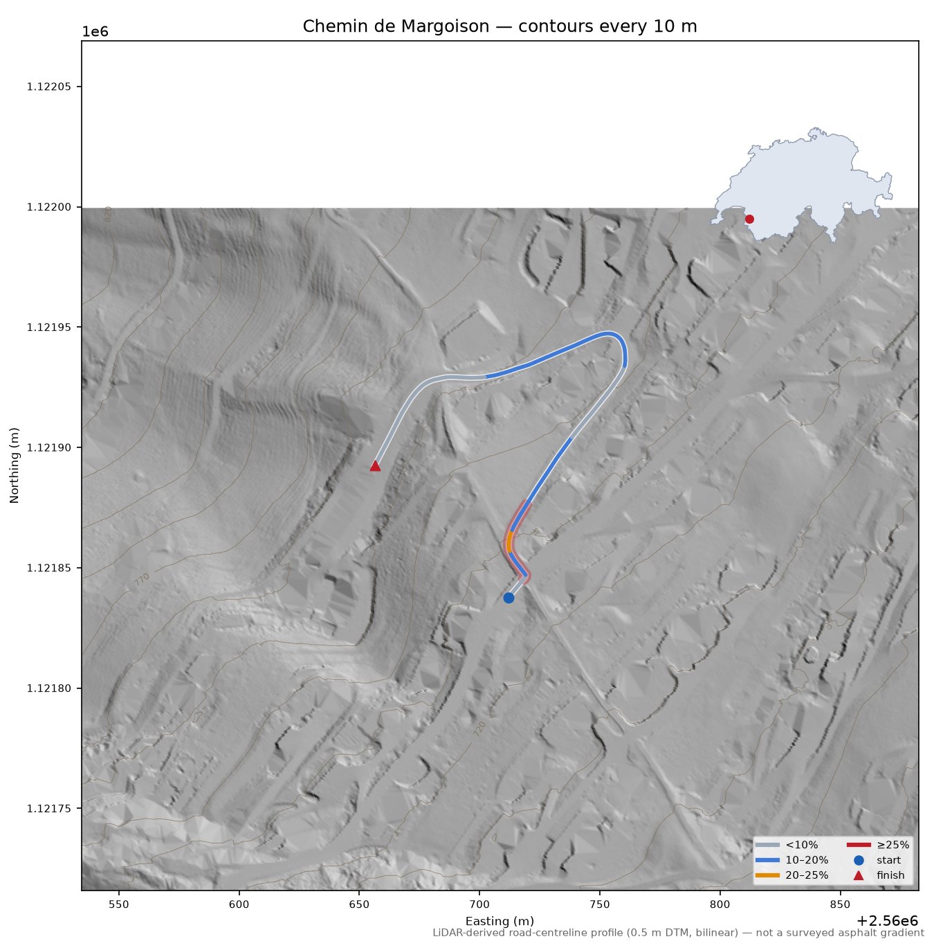 Chemin de Margoison LiDAR hillshade map with contours