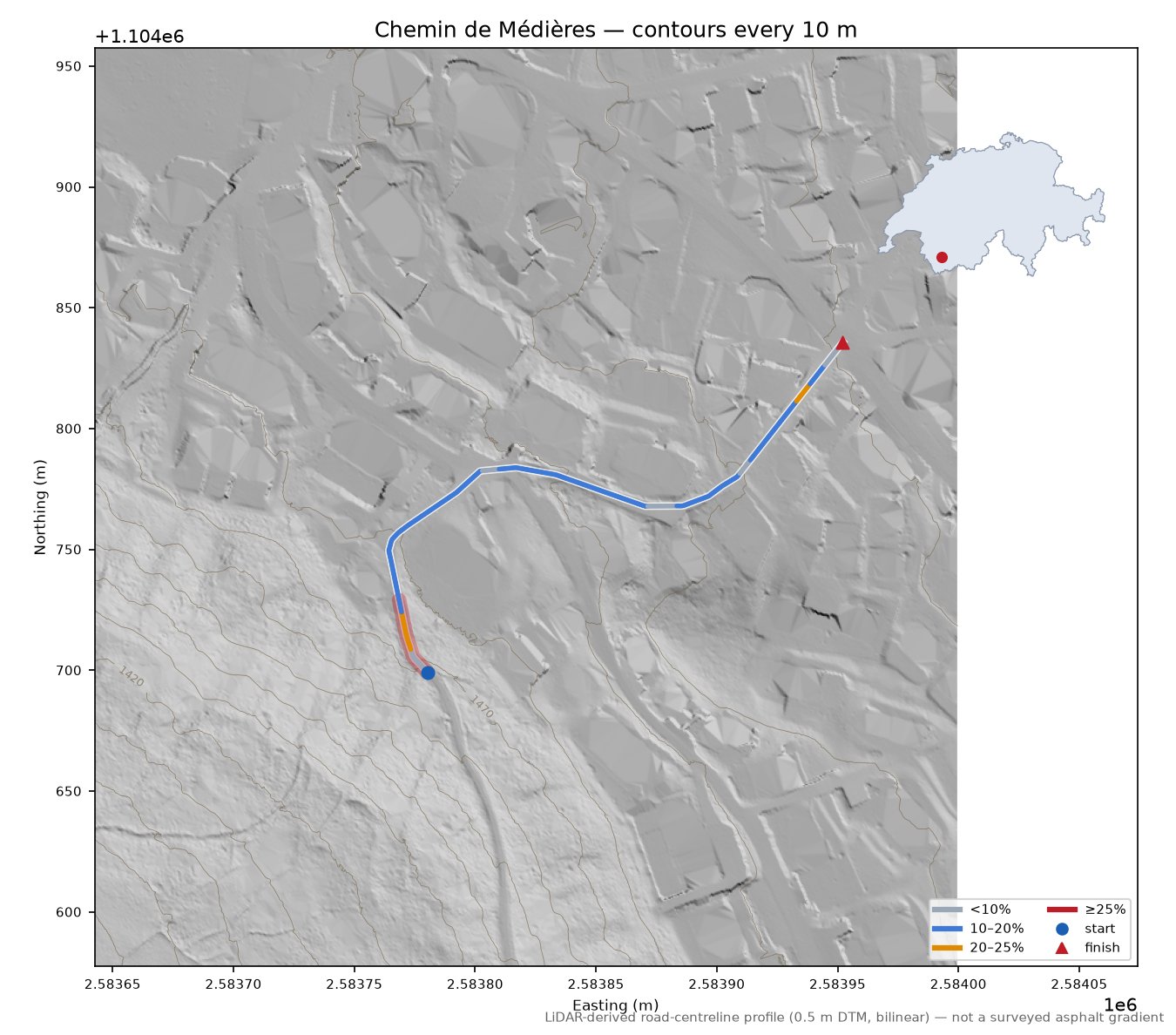 Chemin de Médières LiDAR hillshade map with contours